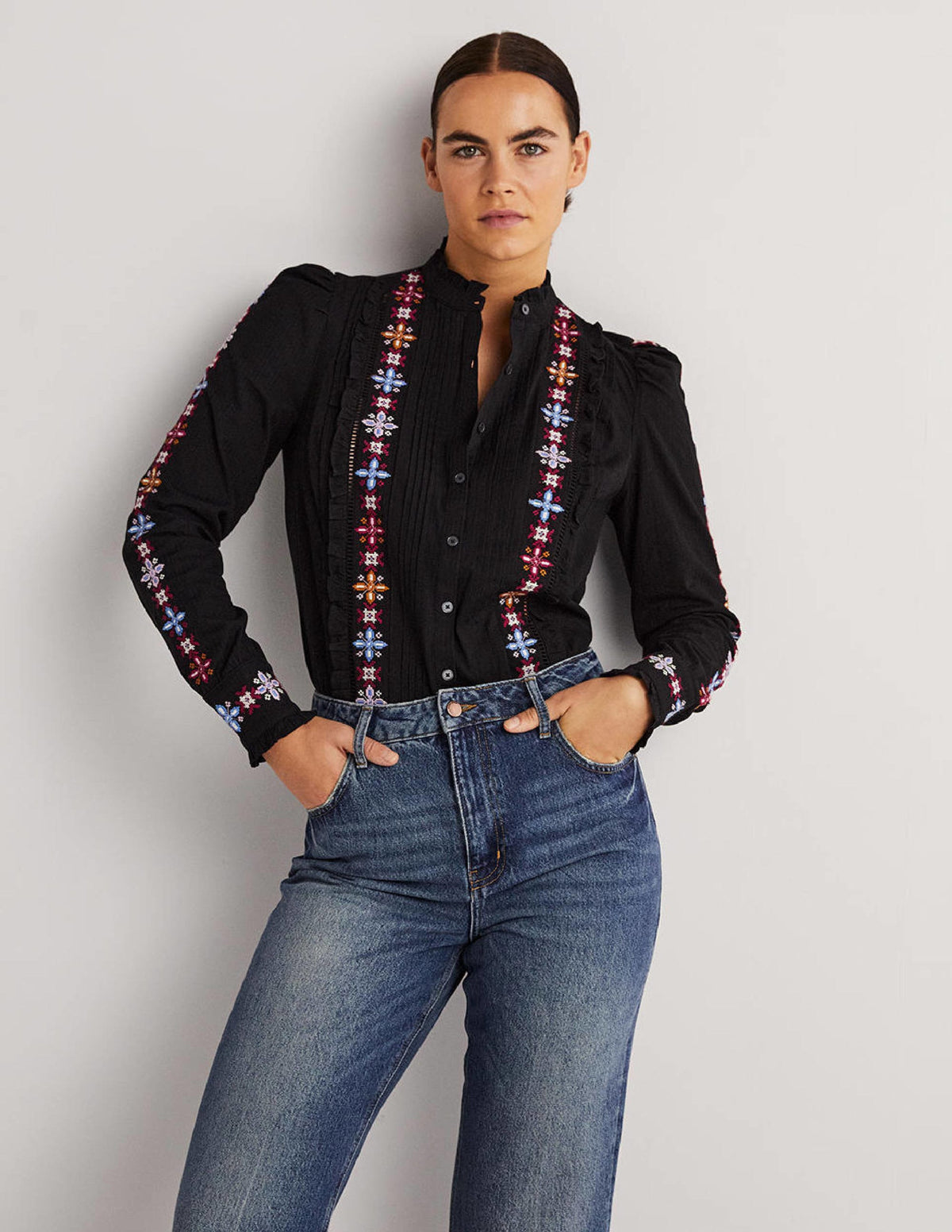 Embroidered High Neck Shirt-Black - Image 1