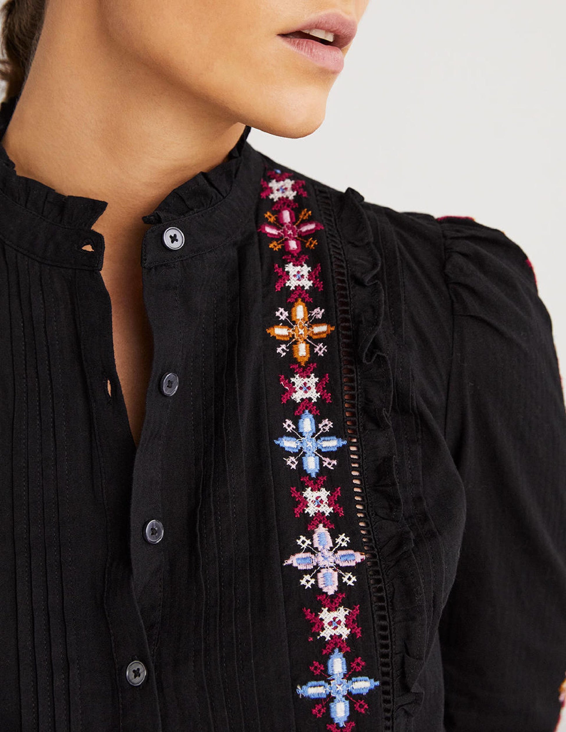 Embroidered High Neck Shirt-Black-2