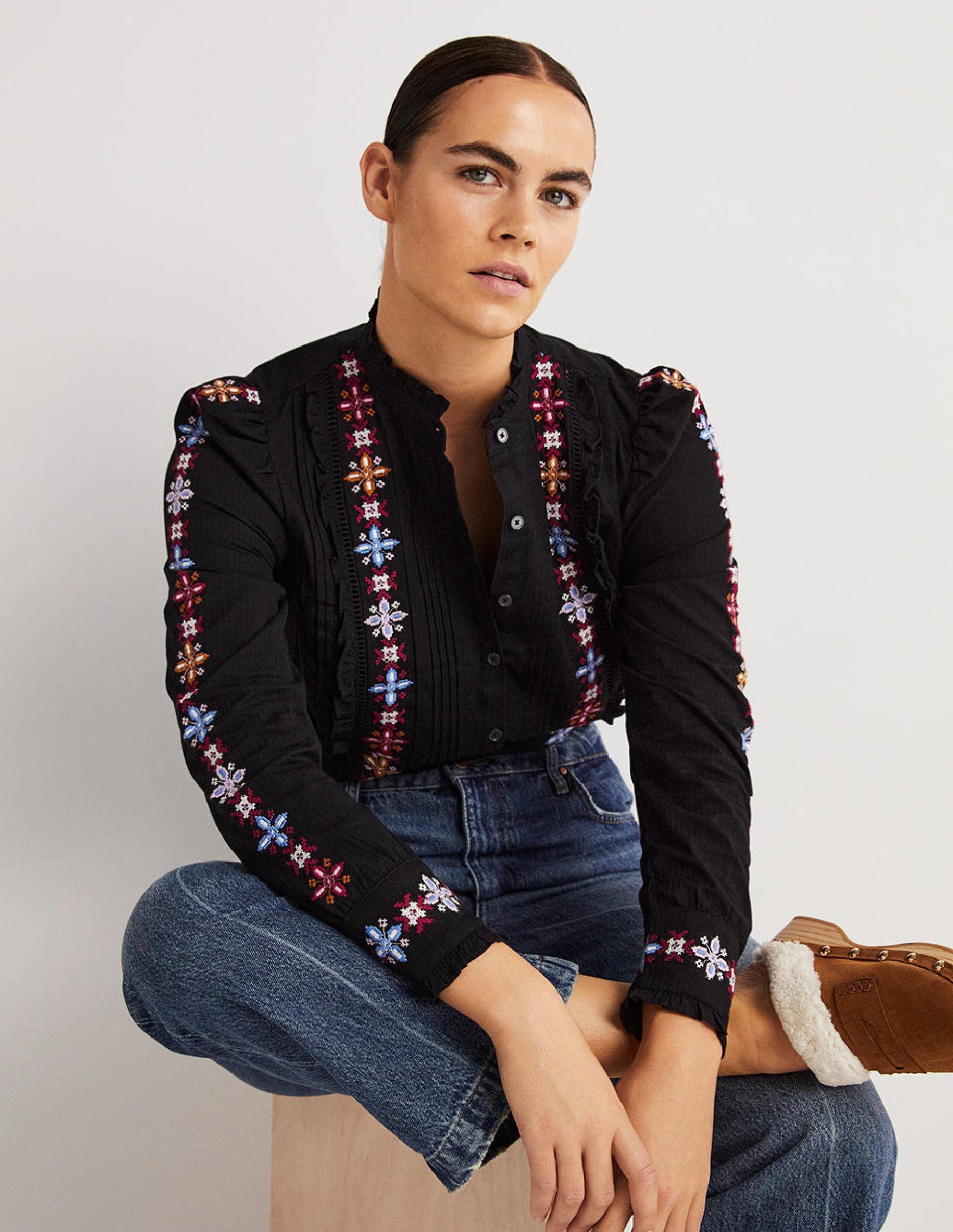 Embroidered High Neck Shirt-Black-5