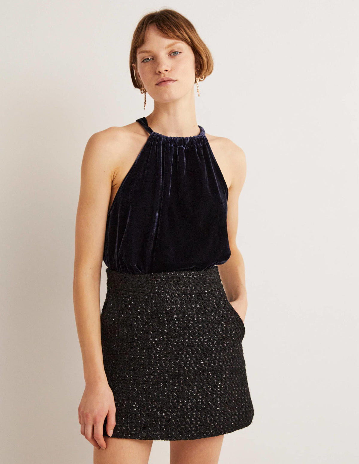 Velvet Halterneck Top-Navy-1