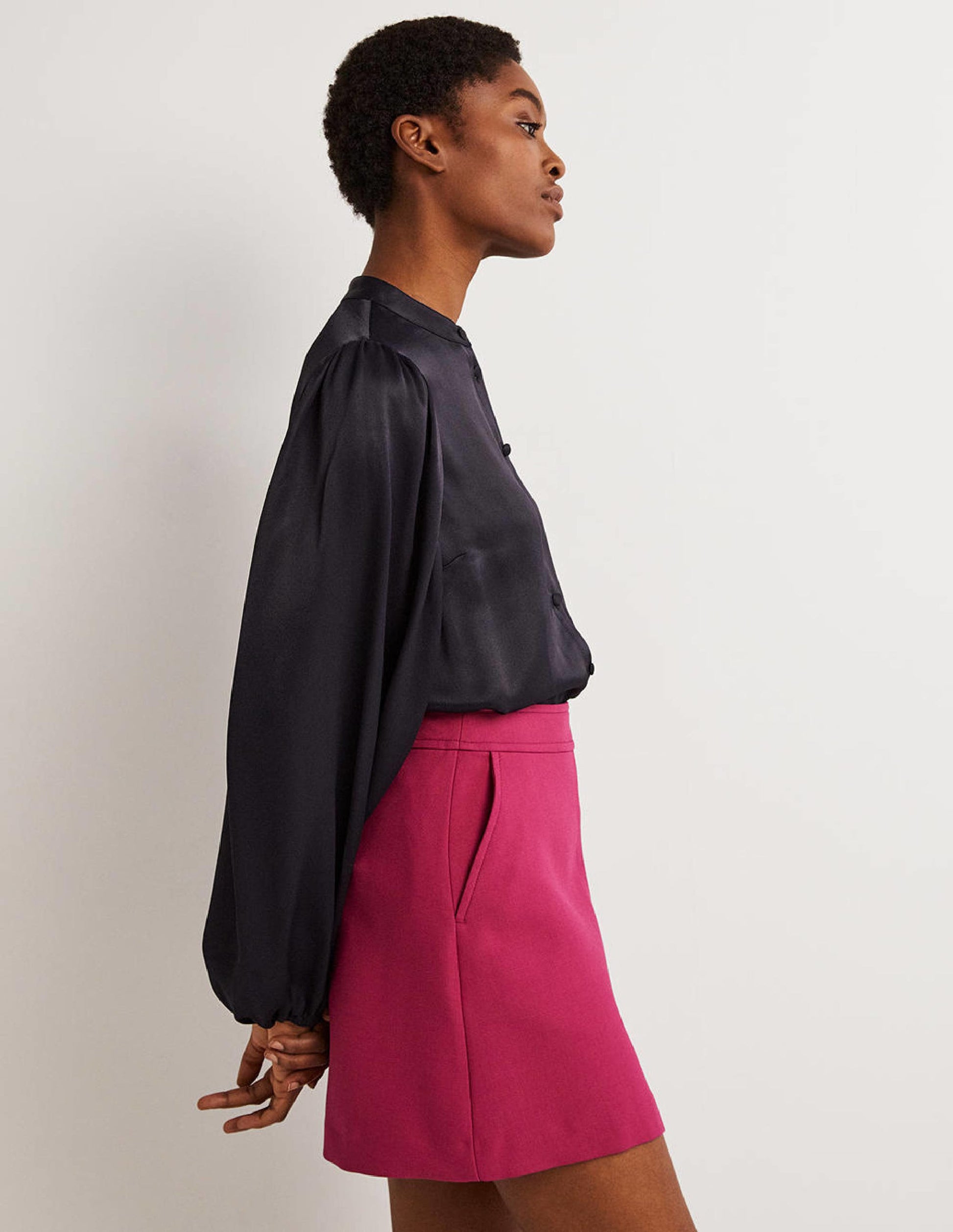 Blouson Sleeve Satin Shirt-Navy-1
