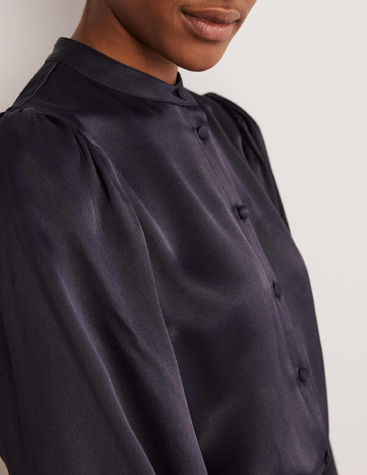 Blouson Sleeve Satin Shirt-Navy-3