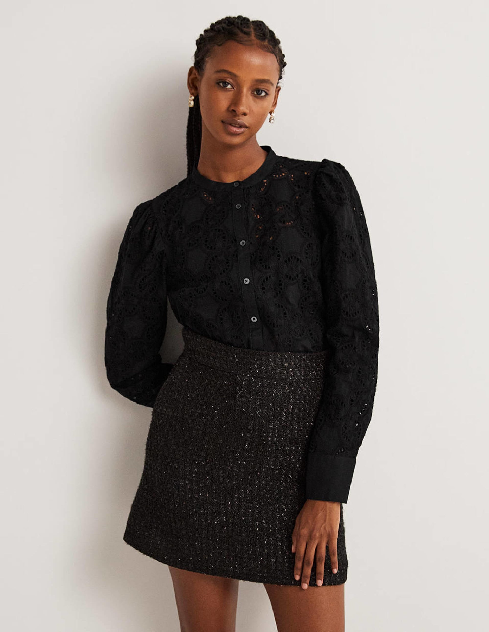 Mutton Sleeve Broderie Blouse-Black - Image 1