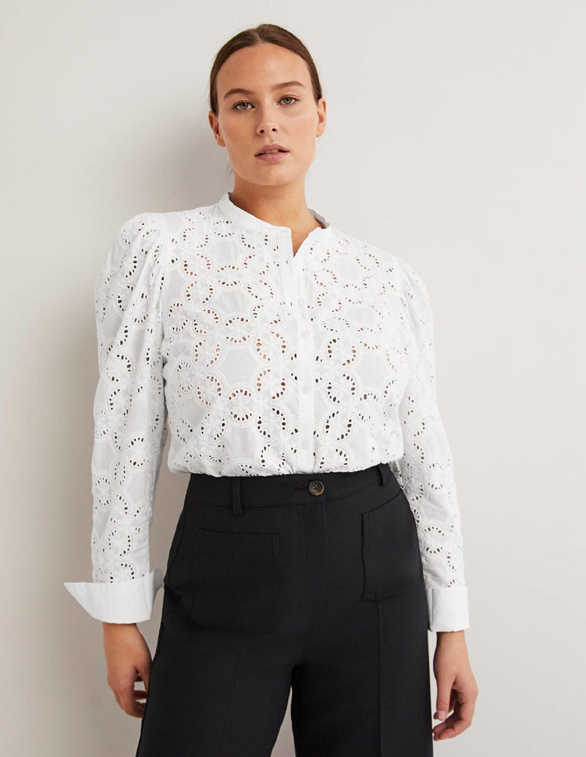 Mutton Sleeve Broderie Blouse-White-1