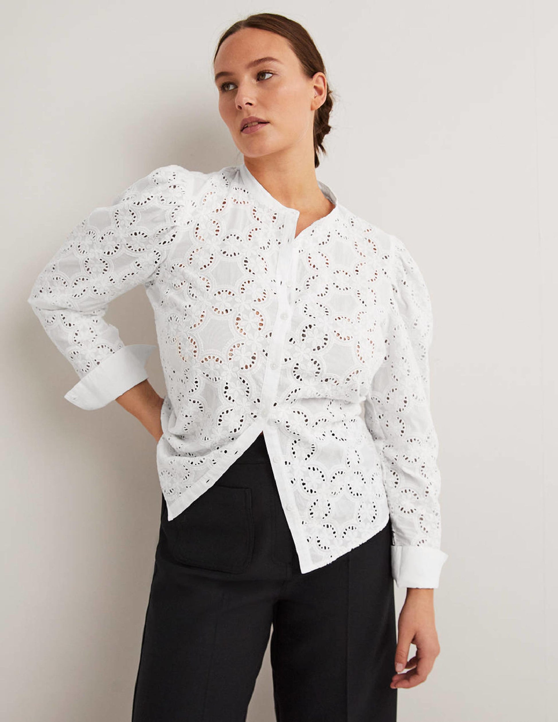 Mutton Sleeve Broderie Blouse-White-5