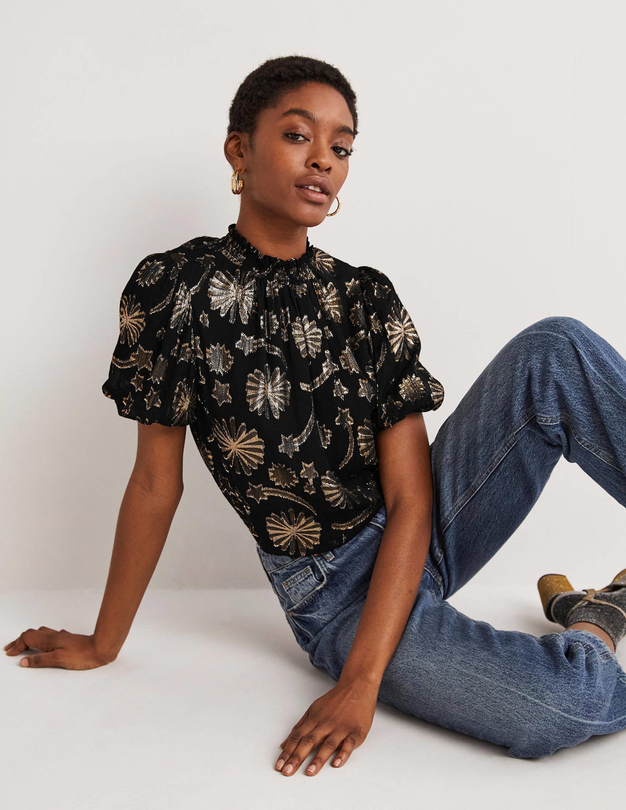 Smocked Neck Party Top-Clip Jacquard - Image 1