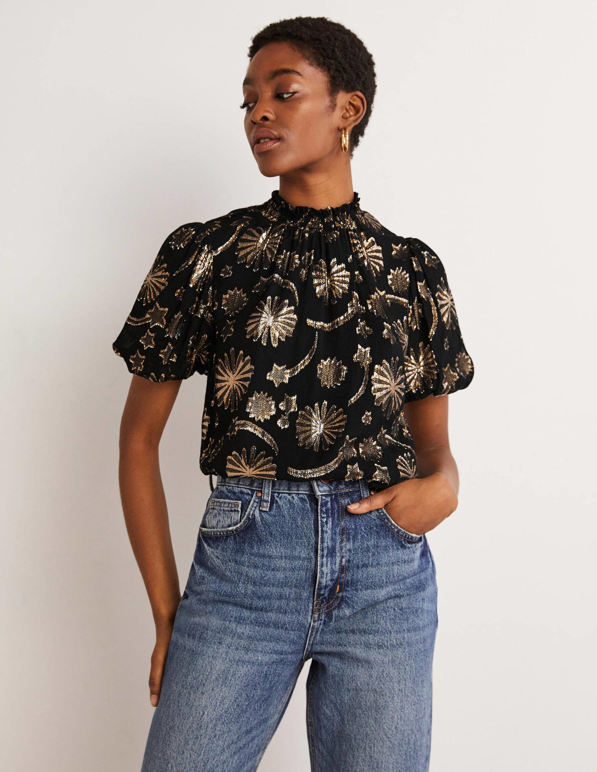Smocked Neck Party Top-Clip Jacquard-2