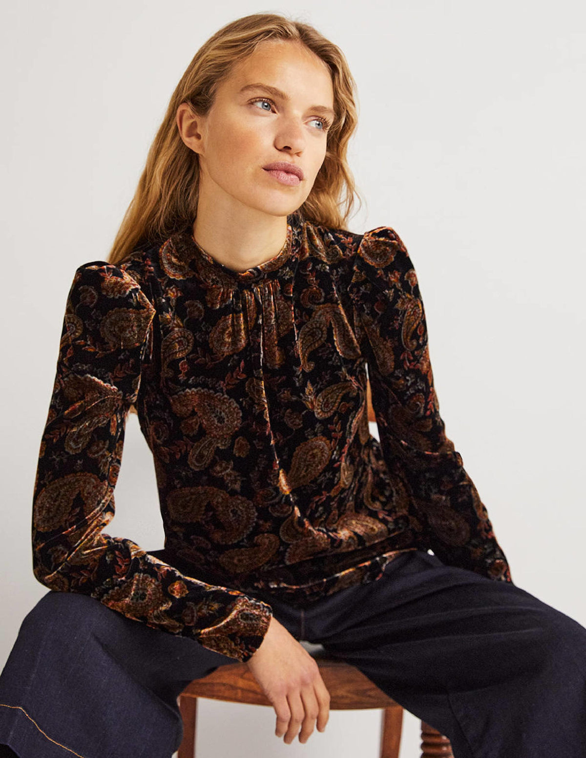 Black Paisley Mutton Sleeve Velvet Top-Black, Paisley Passion-1