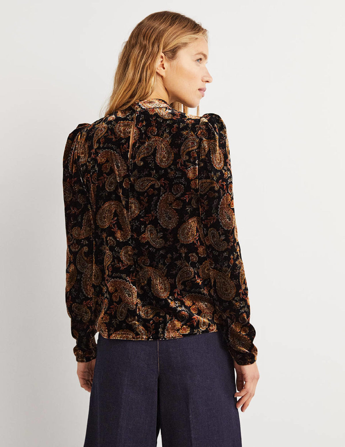 Black Paisley Mutton Sleeve Velvet Top-Black, Paisley Passion - Image 3