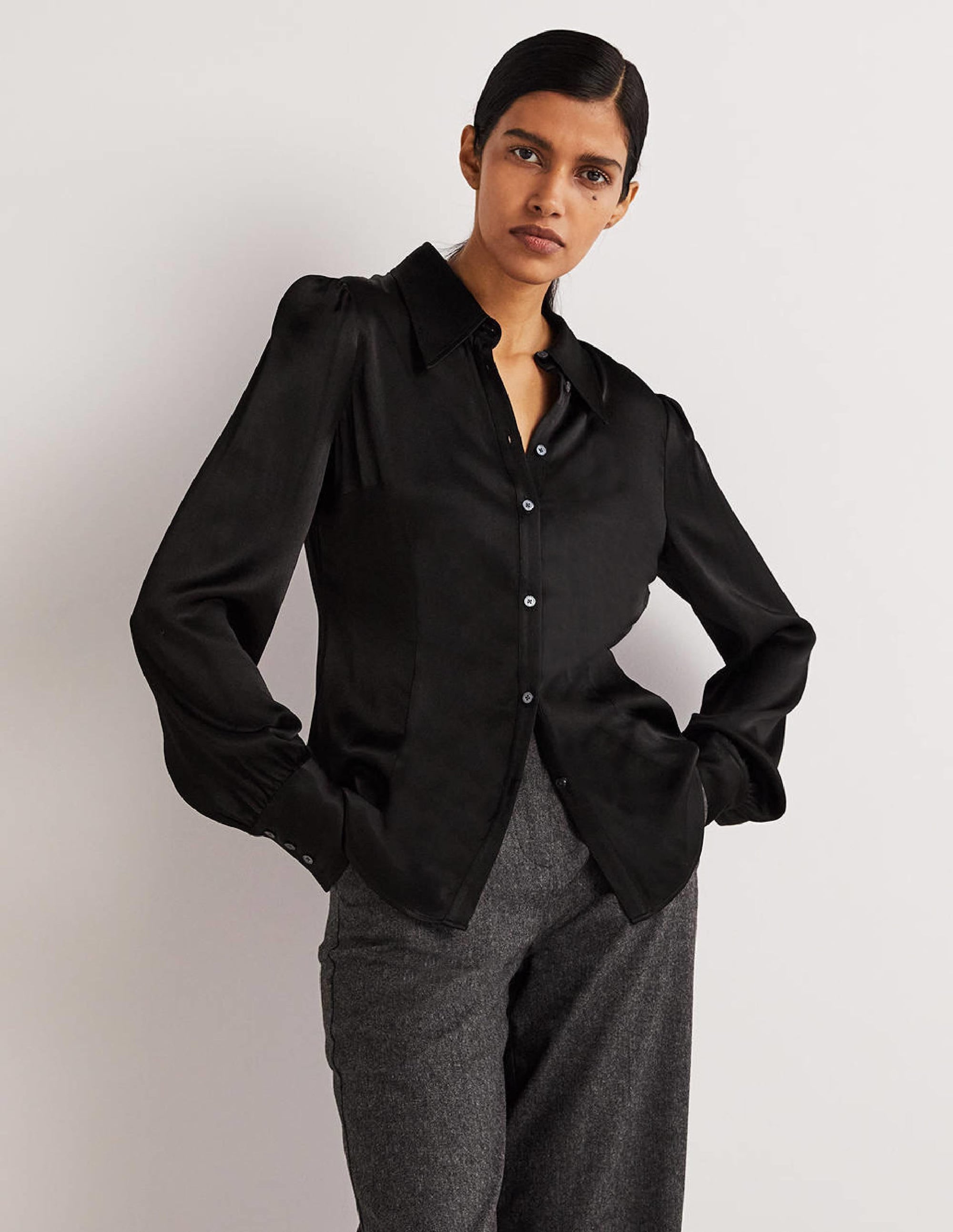 Dart Detail Satin Fitted Shirt-Black - Image 1