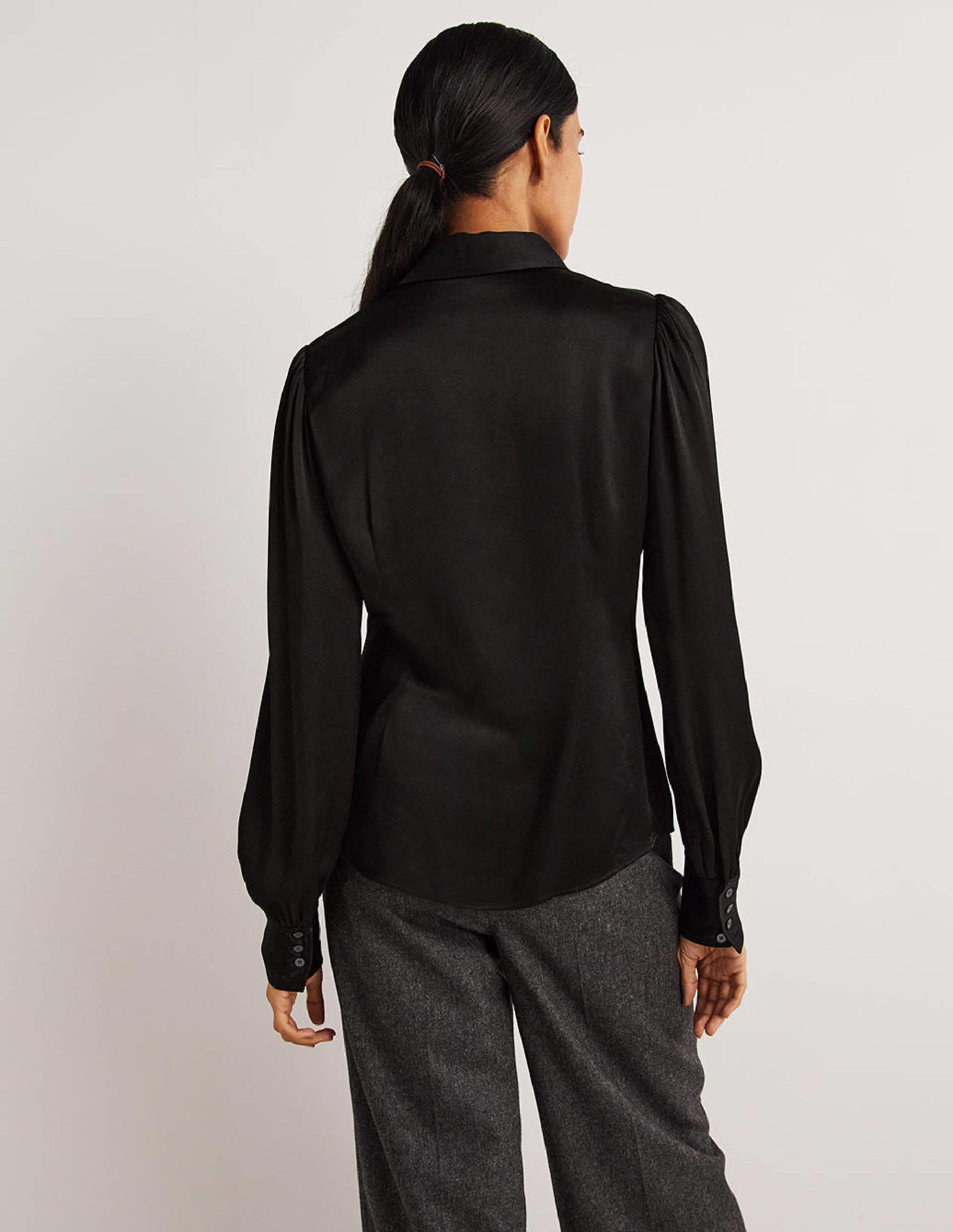Dart Detail Satin Fitted Shirt-Black-3