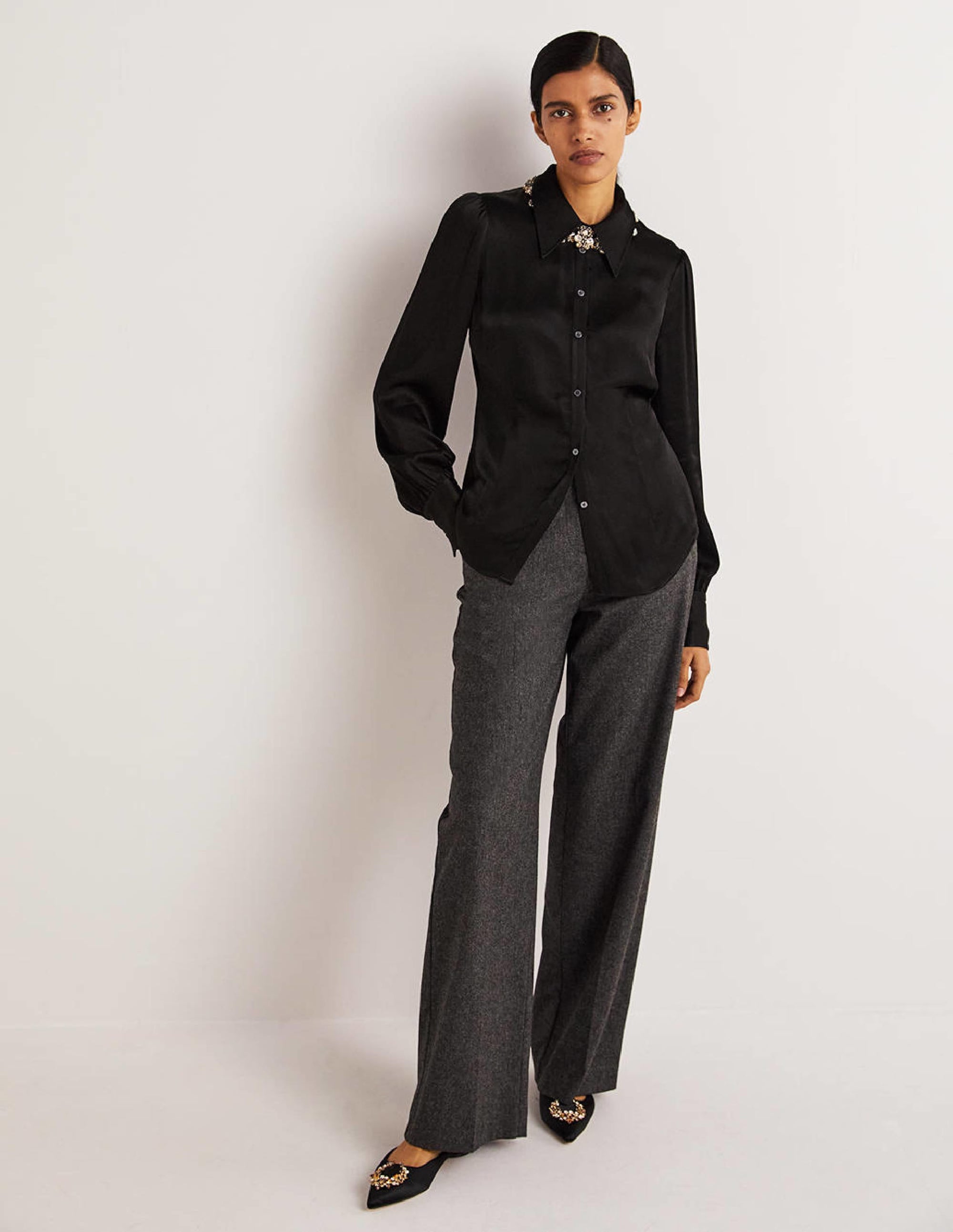 Dart Detail Satin Fitted Shirt-Black - Image 5