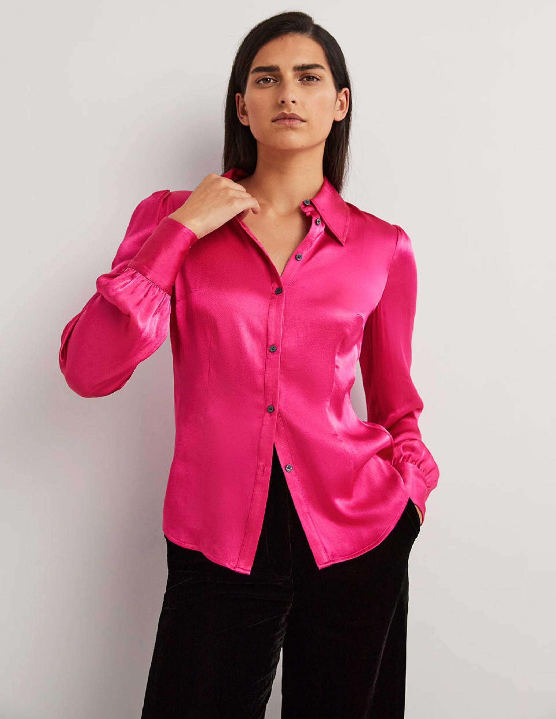 Dart Detail Satin Fitted Shirt-Wild Watermelon Pink-1