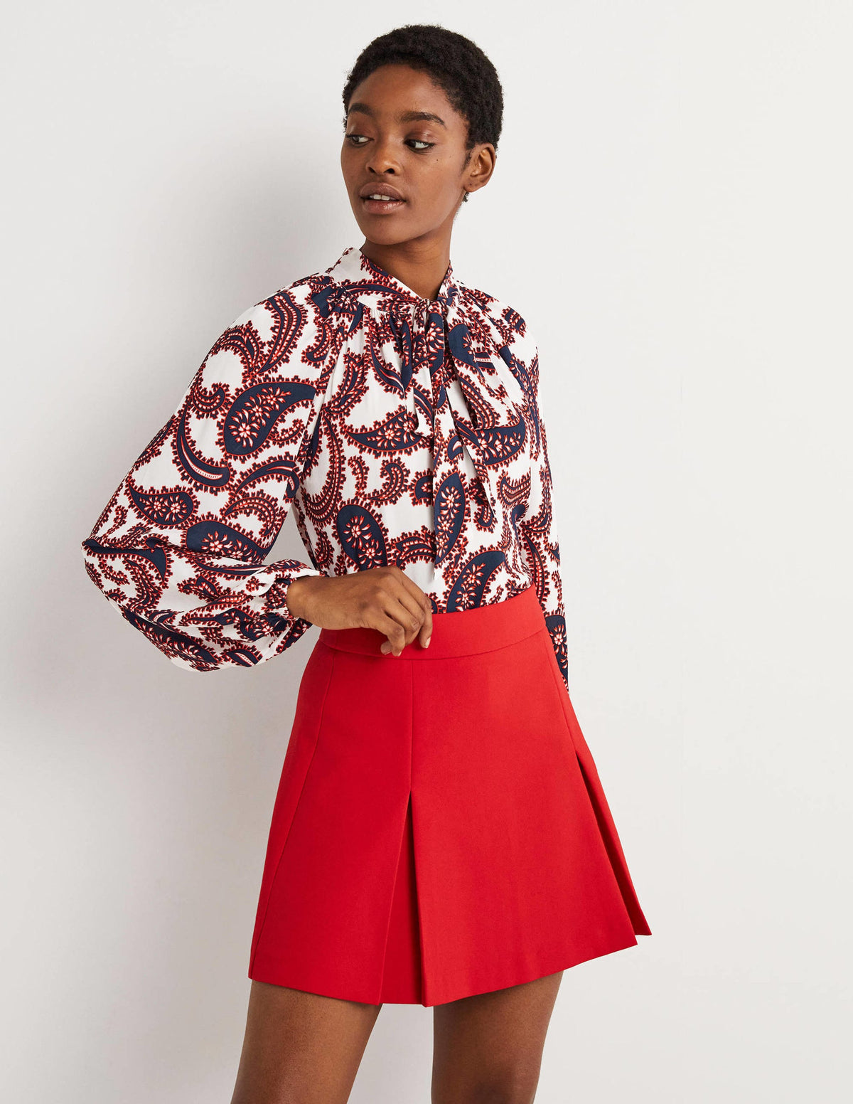 Tie Neck Blouse-Ivory, Paisley Cluster-1