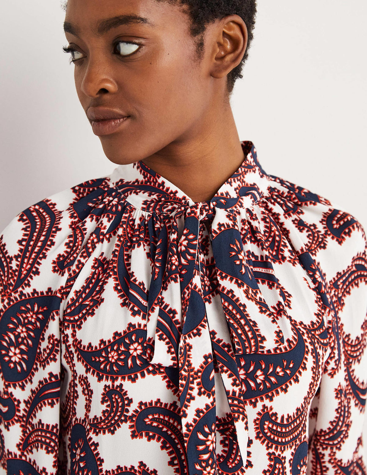 Tie Neck Blouse-Ivory, Paisley Cluster-2