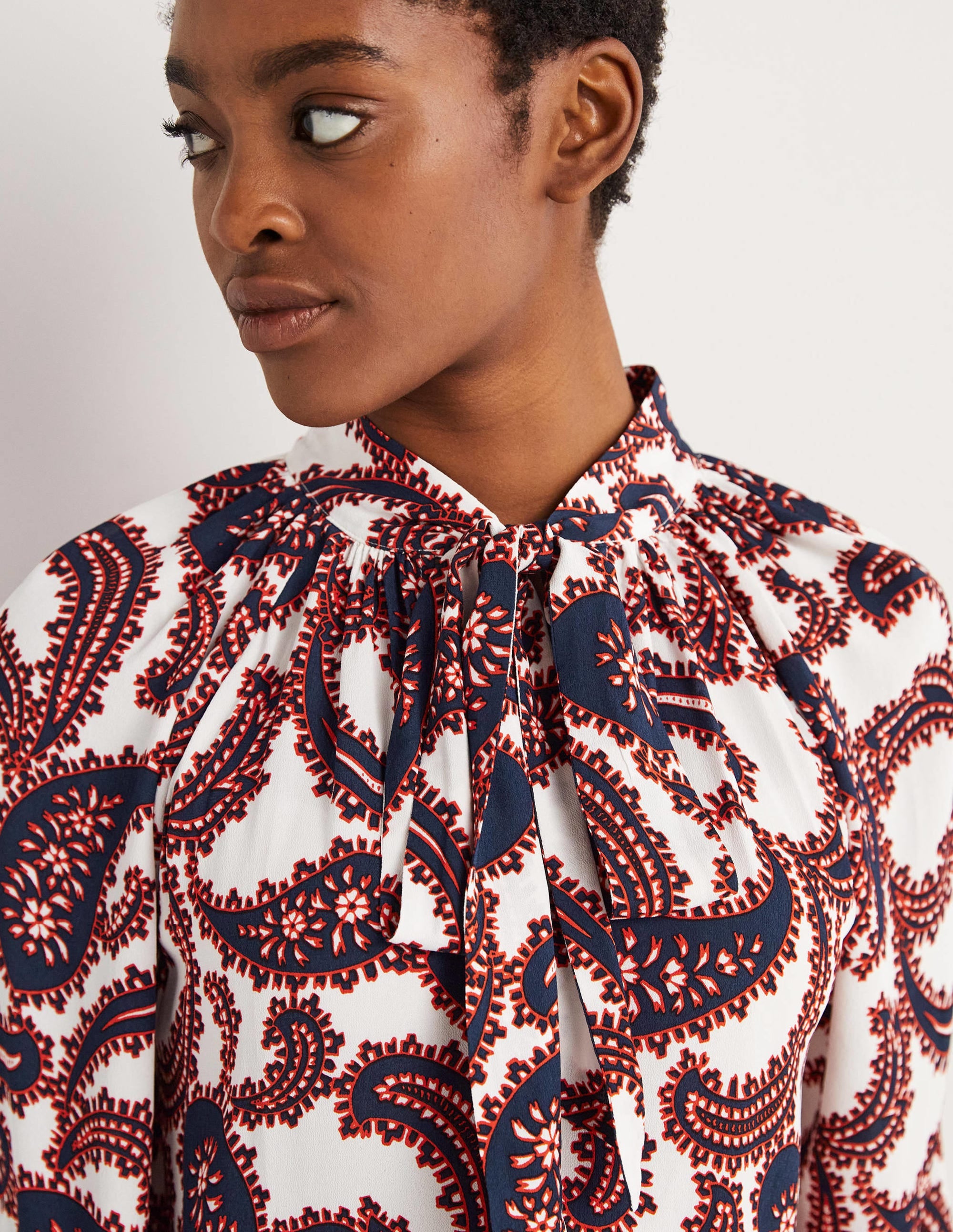Tie Neck Blouse-Ivory, Paisley Cluster - Image 2