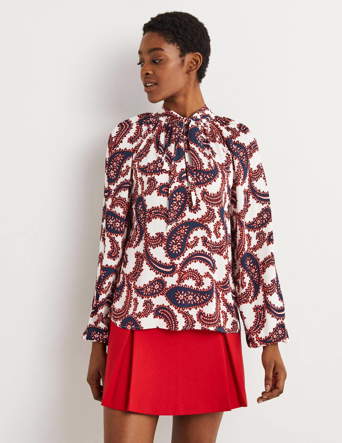 Tie Neck Blouse-Ivory, Paisley Cluster-5