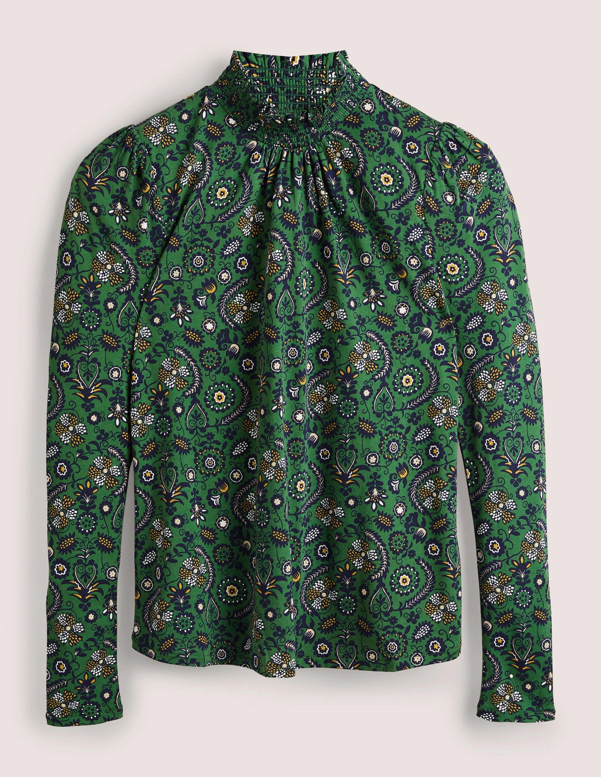 Smocked Neck Printed Top-Broad Bean, Tropic Charm-5