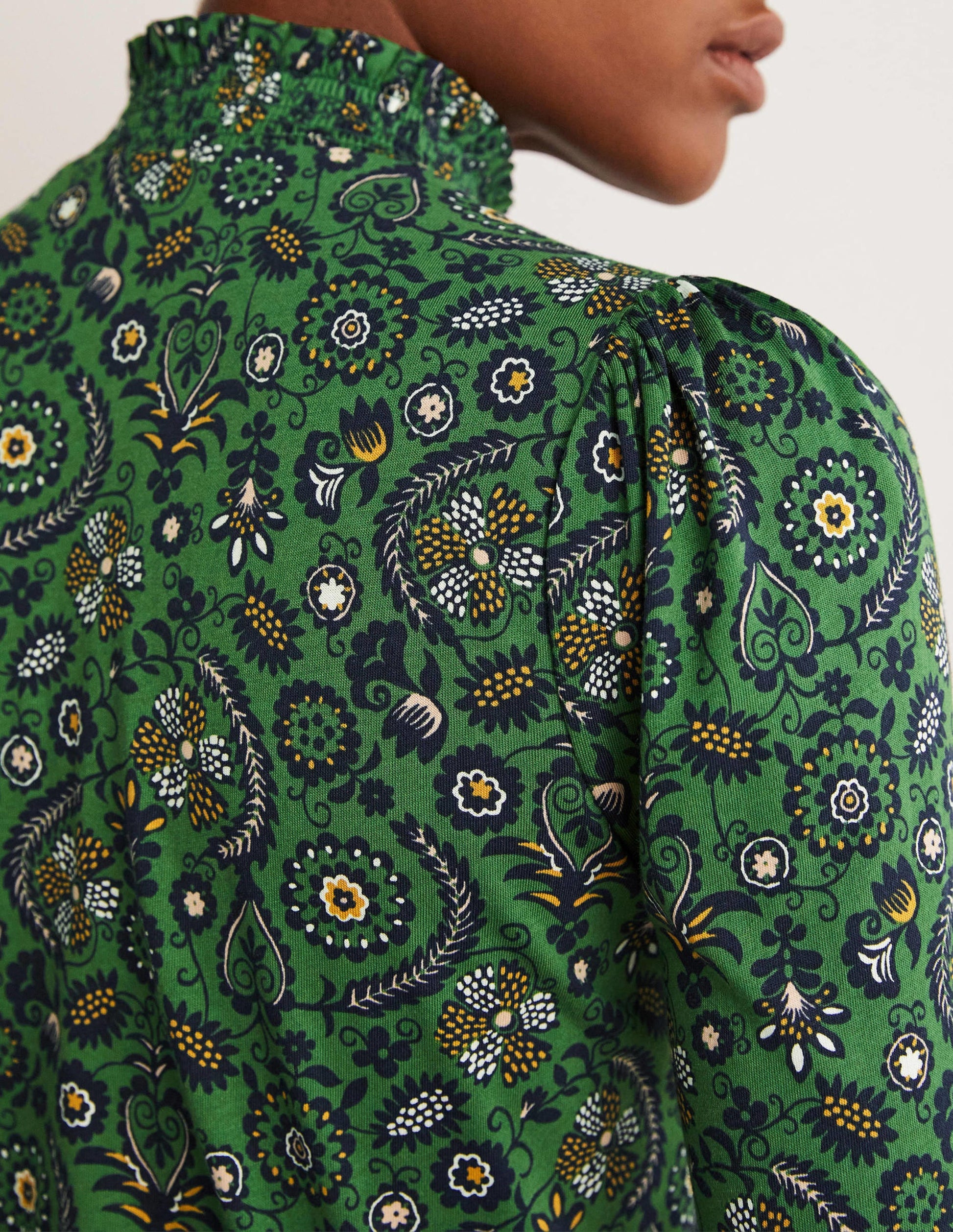 Smocked Neck Printed Top-Broad Bean, Tropic Charm-2