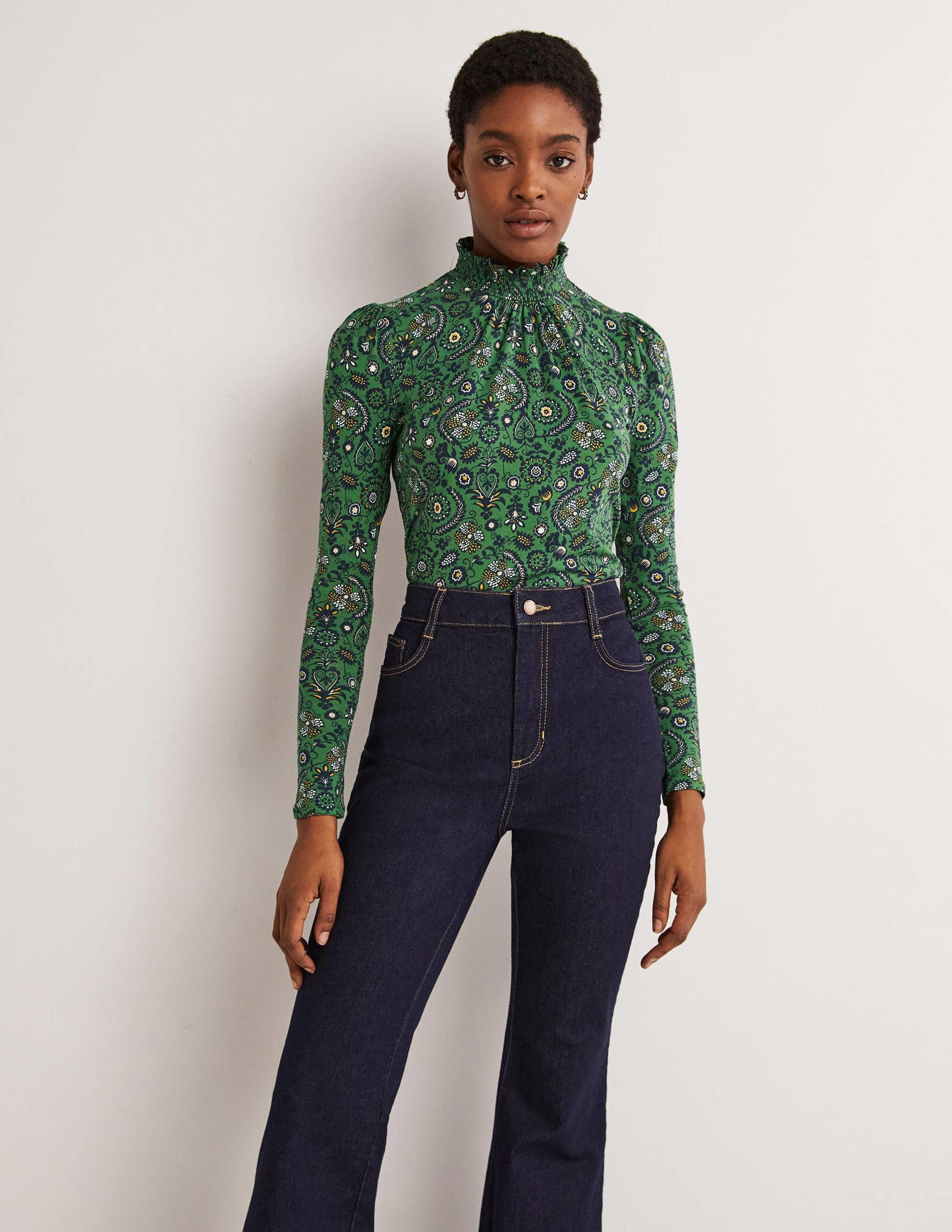 Smocked Neck Printed Top-Broad Bean, Tropic Charm-4