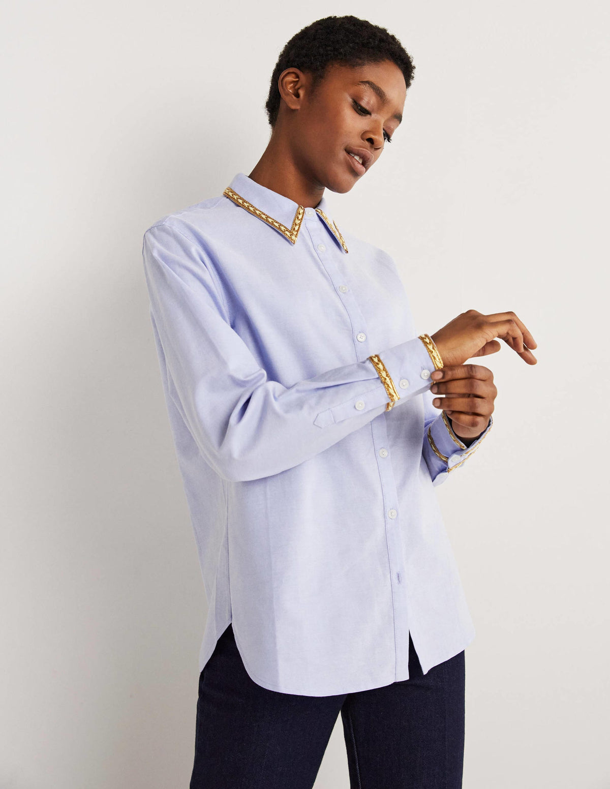 Gold Trim Relaxed Shirt-Chambray, Metallic-1