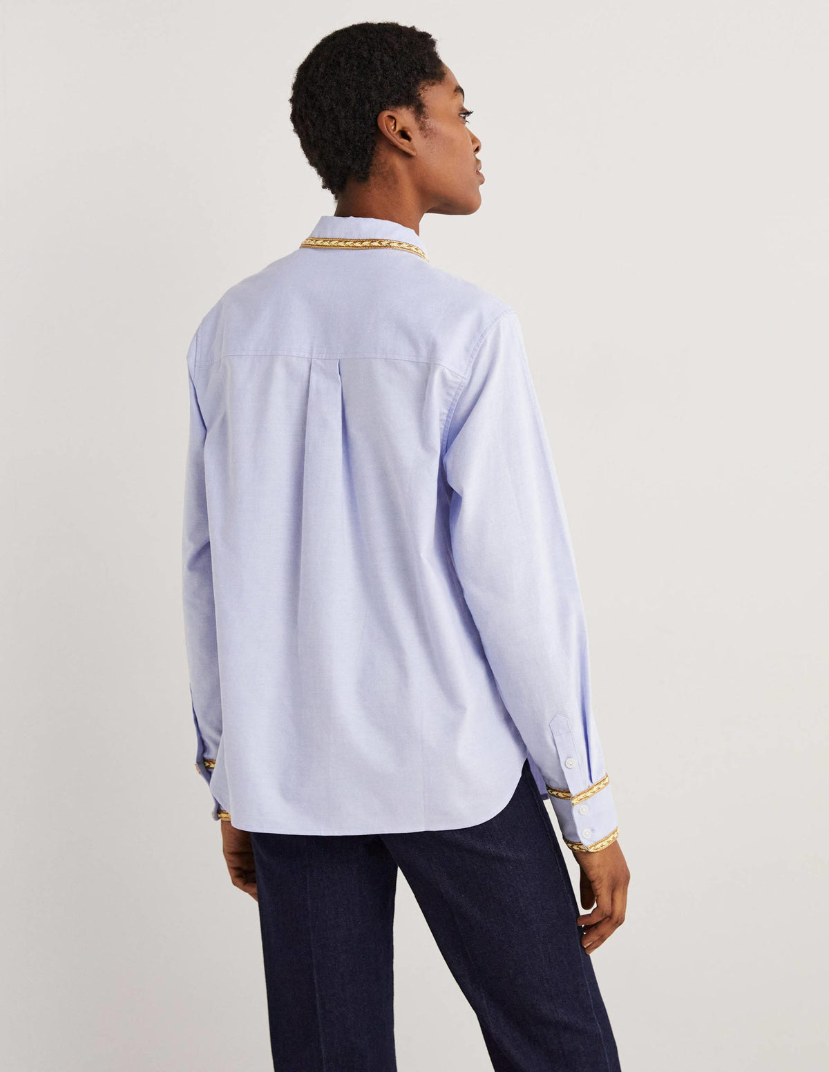 Gold Trim Relaxed Shirt-Chambray, Metallic-3