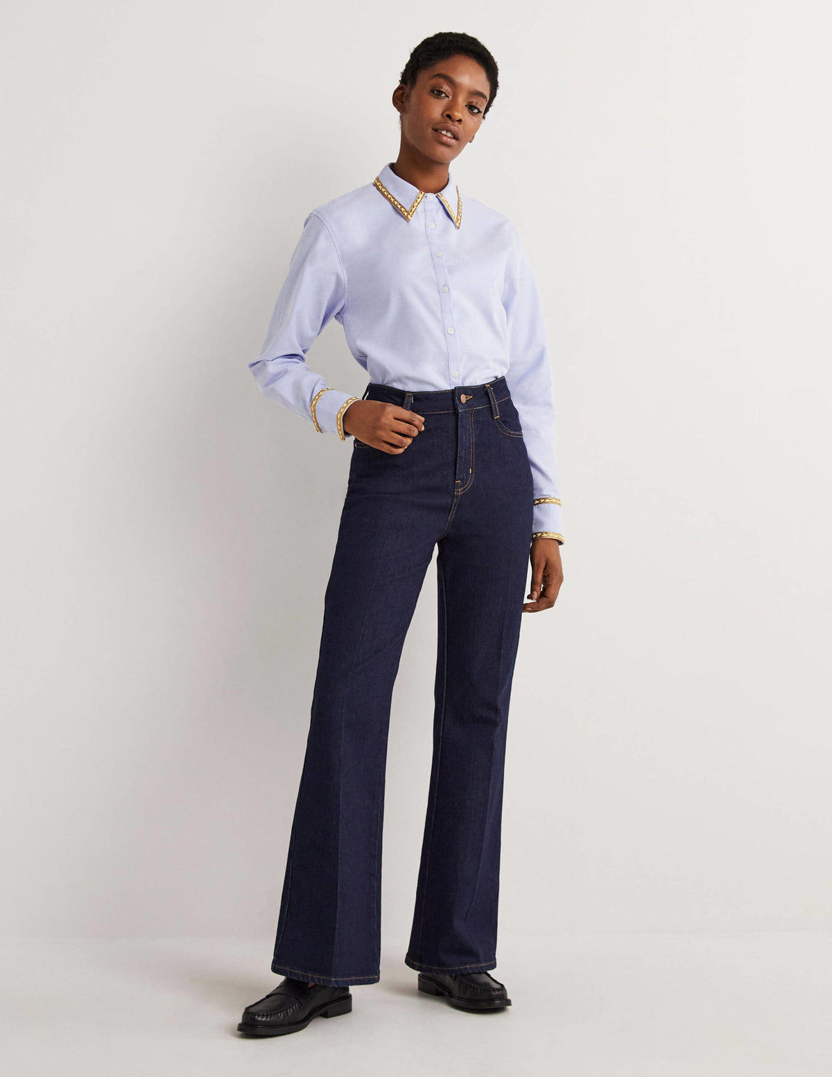 Gold Trim Relaxed Shirt-Chambray, Metallic-4