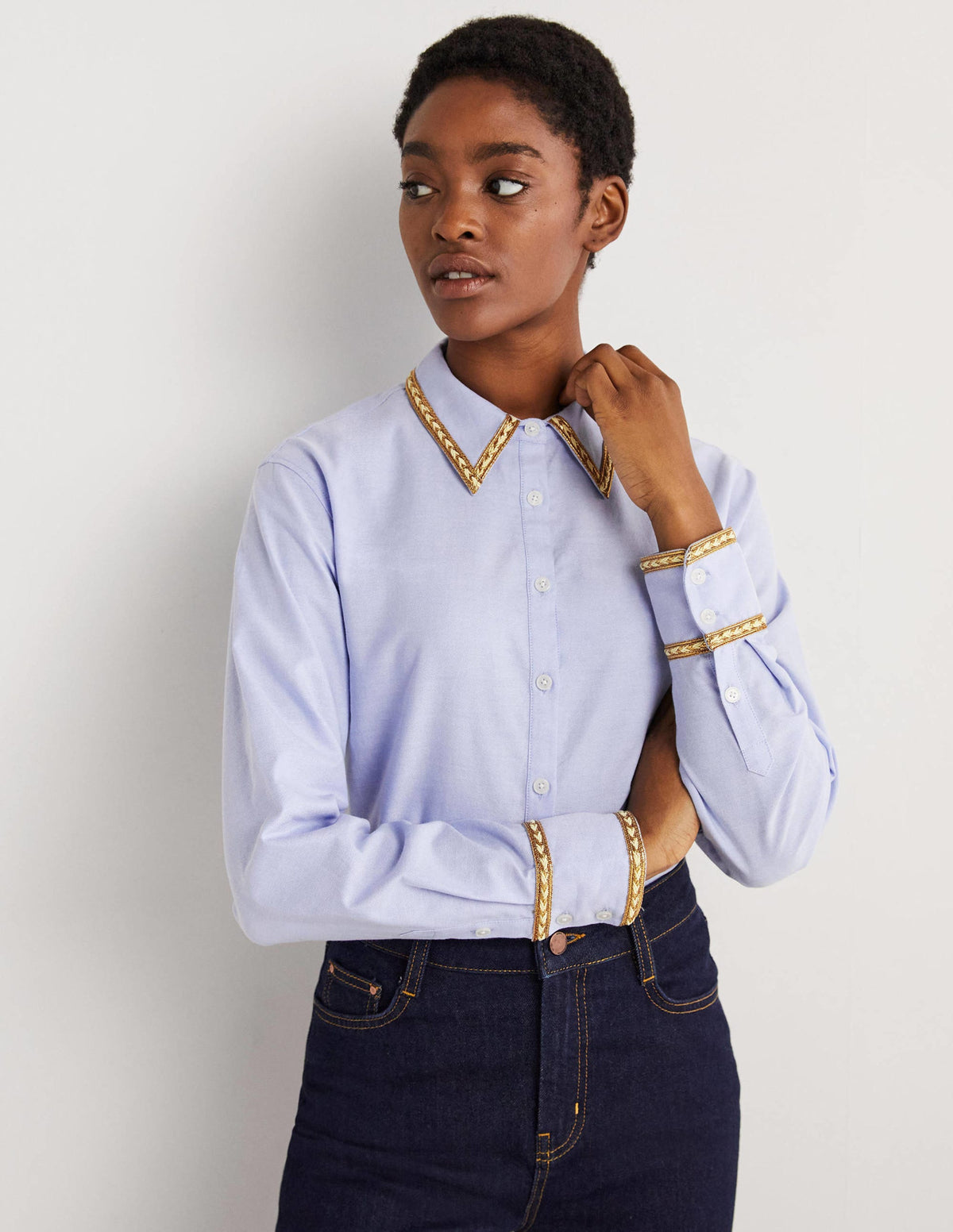 Gold Trim Relaxed Shirt-Chambray, Metallic - Image 5