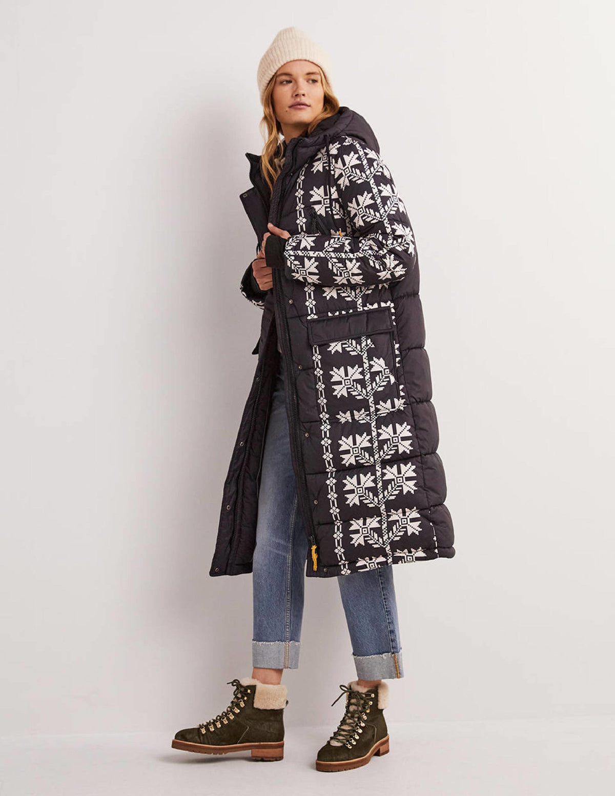 Longline Printed Puffer Coat-Black, Aztec Bloom - Image 1