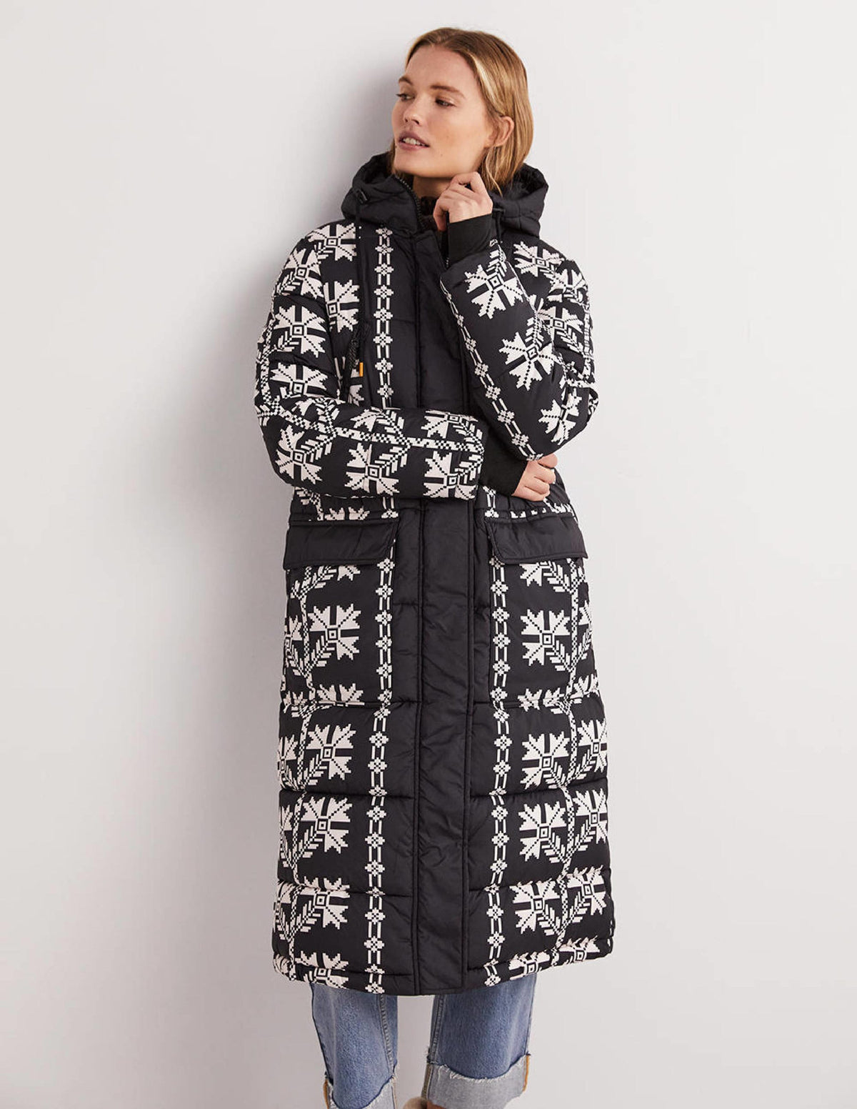 Longline Printed Puffer Coat-Black, Aztec Bloom - Image 2