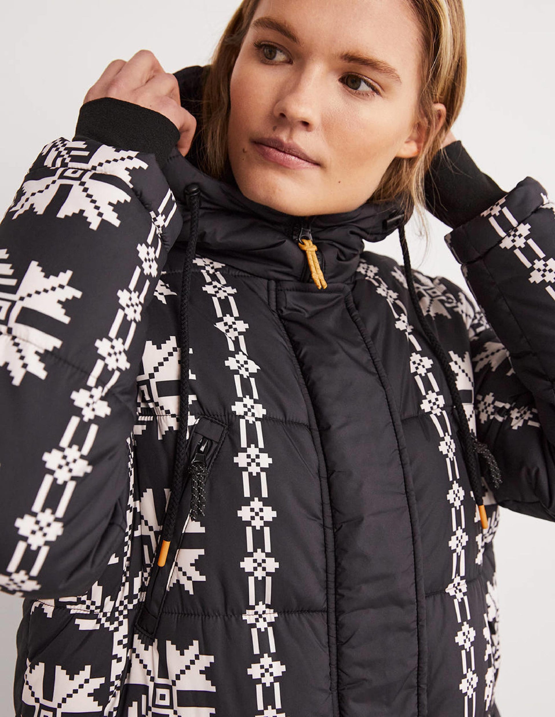 Longline Printed Puffer Coat-Black, Aztec Bloom-3