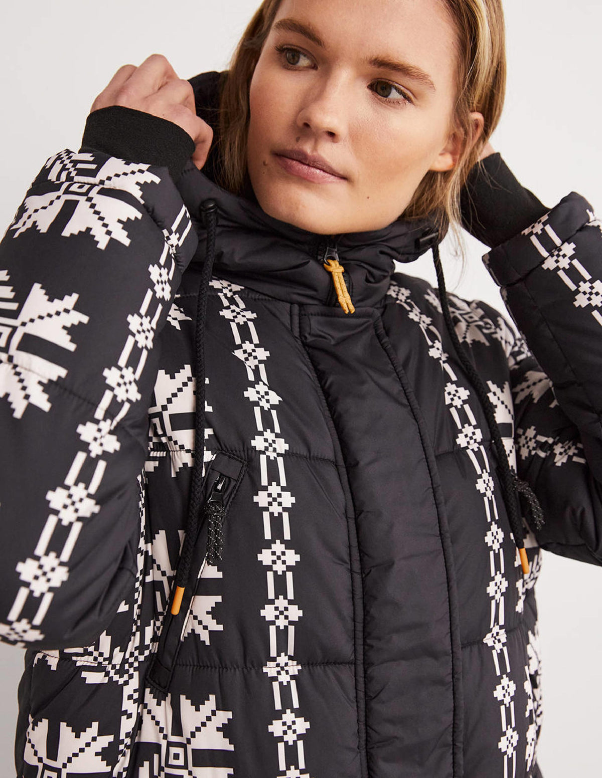 Longline Printed Puffer Coat-Black, Aztec Bloom - Image 3