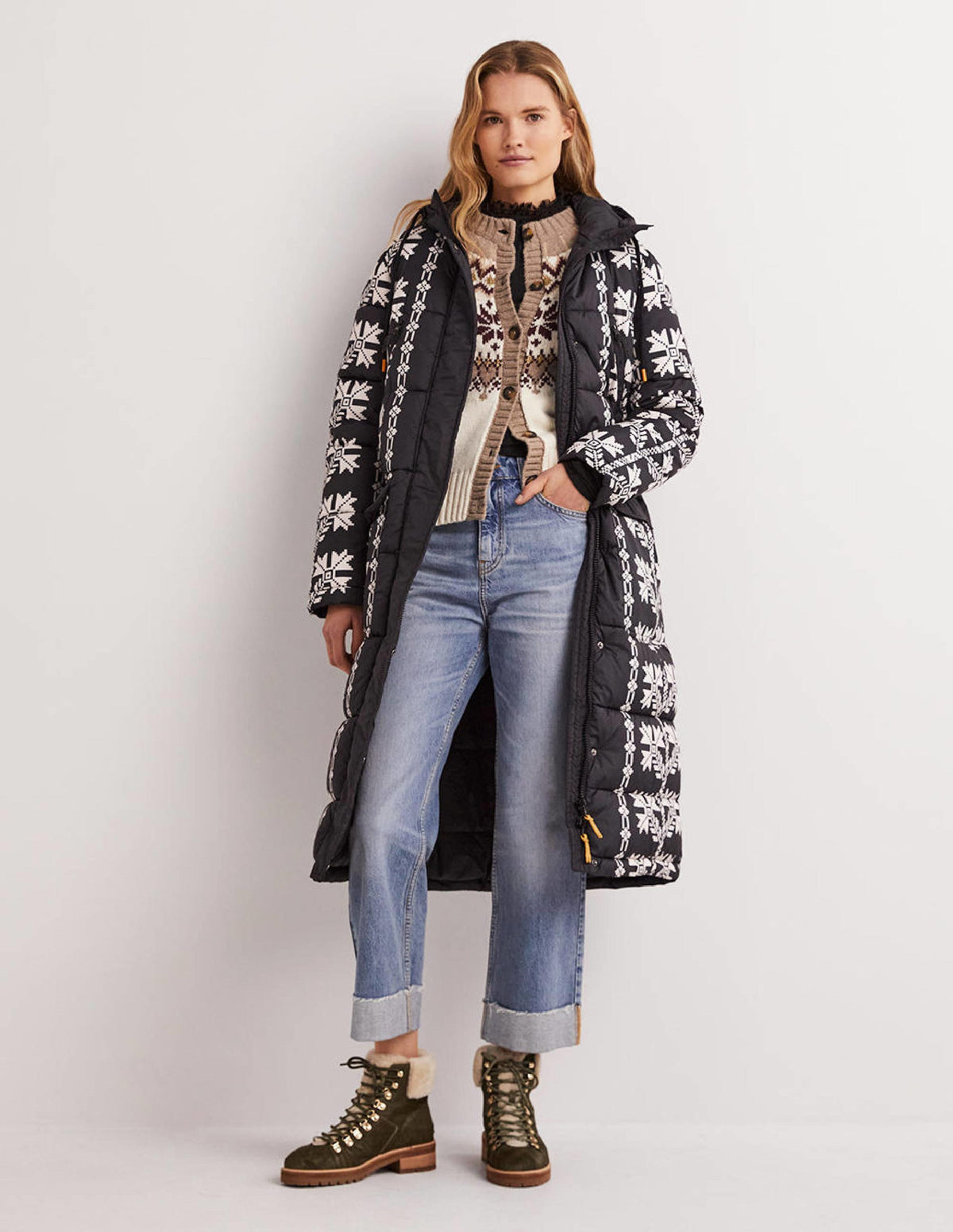 Longline Printed Puffer Coat-Black, Aztec Bloom-5