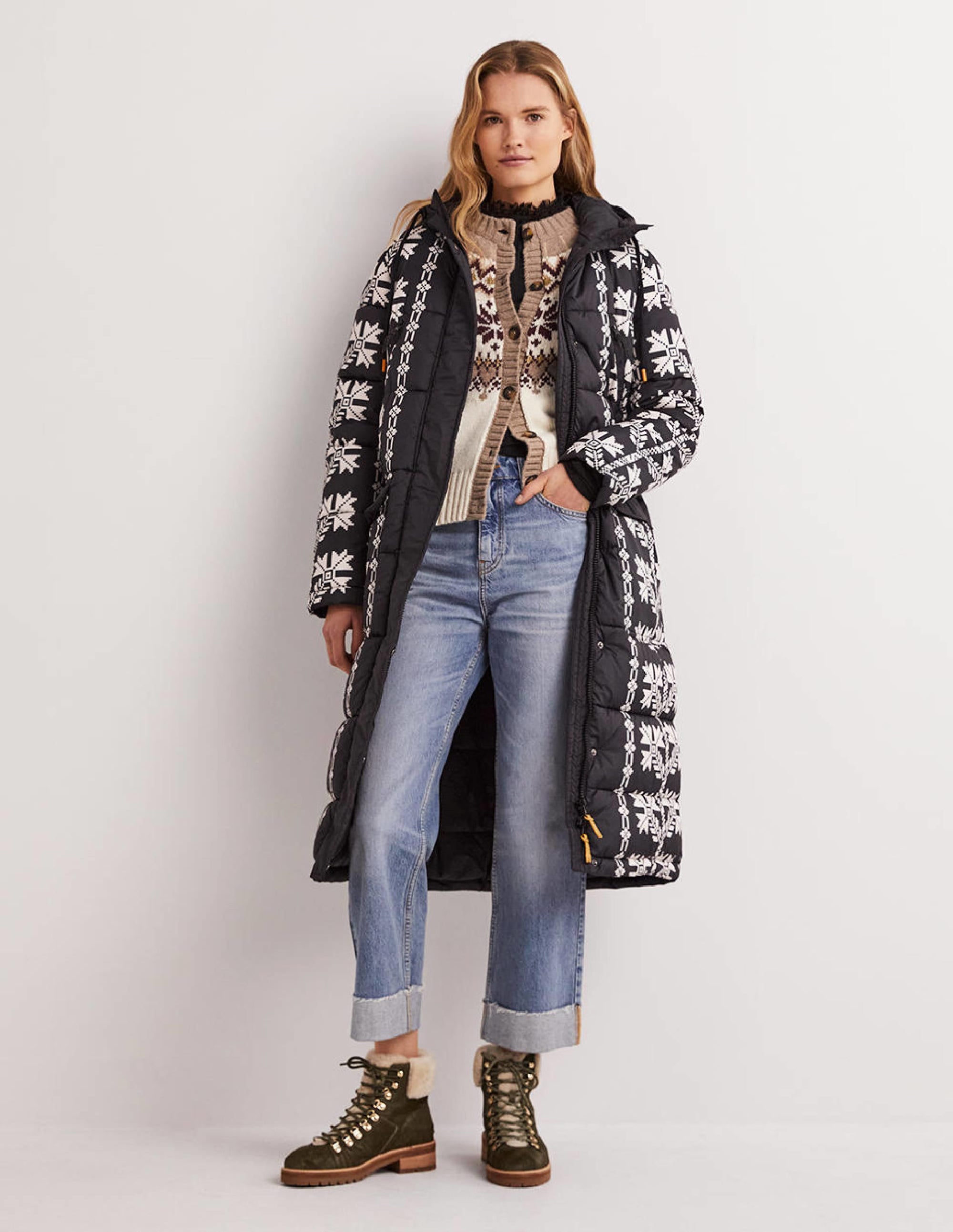 Longline Printed Puffer Coat-Black, Aztec Bloom - Image 5