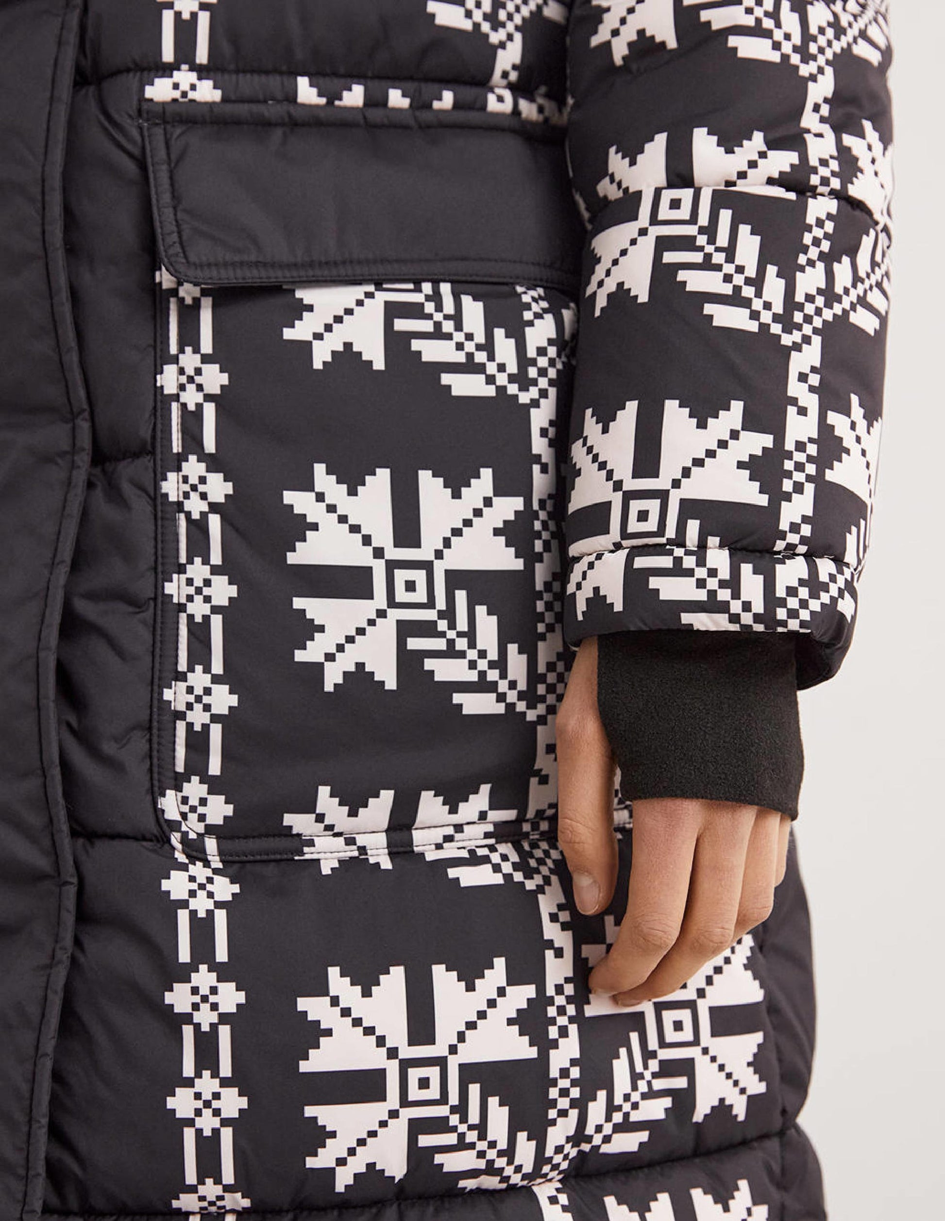 Longline Printed Puffer Coat-Black, Aztec Bloom-6