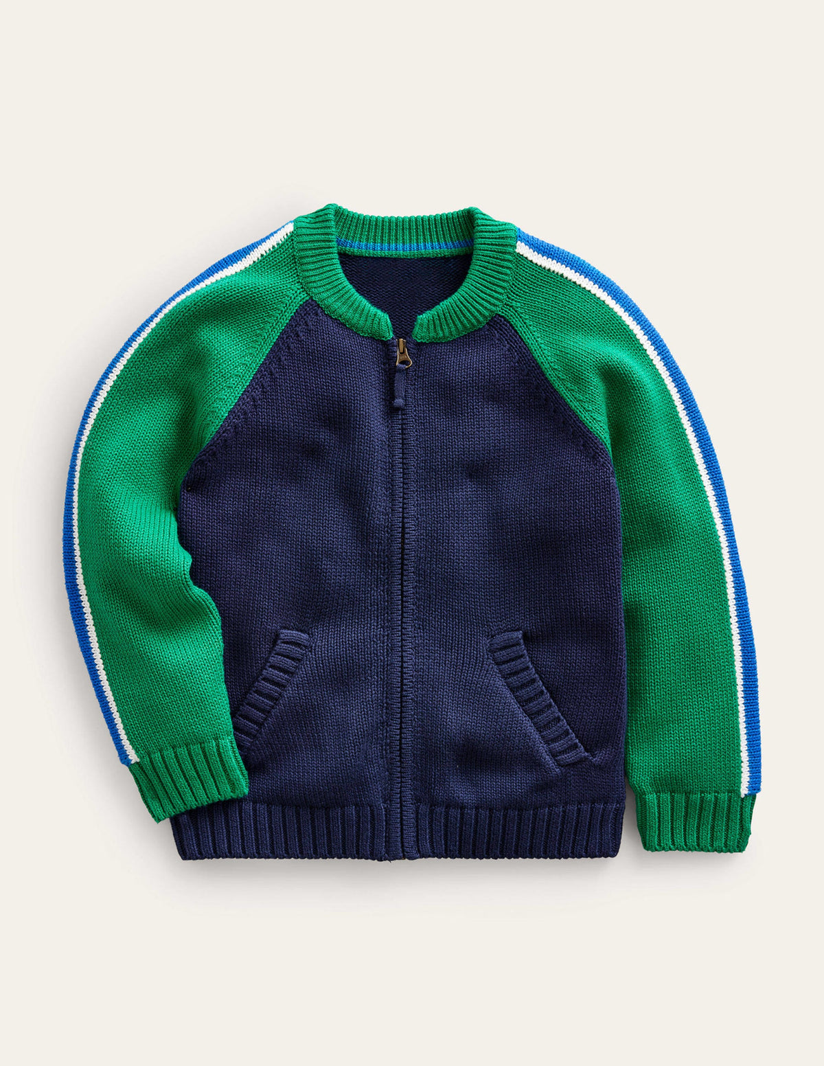Zip Through Knitted Bomber-Deep Green/Navy - Image 1