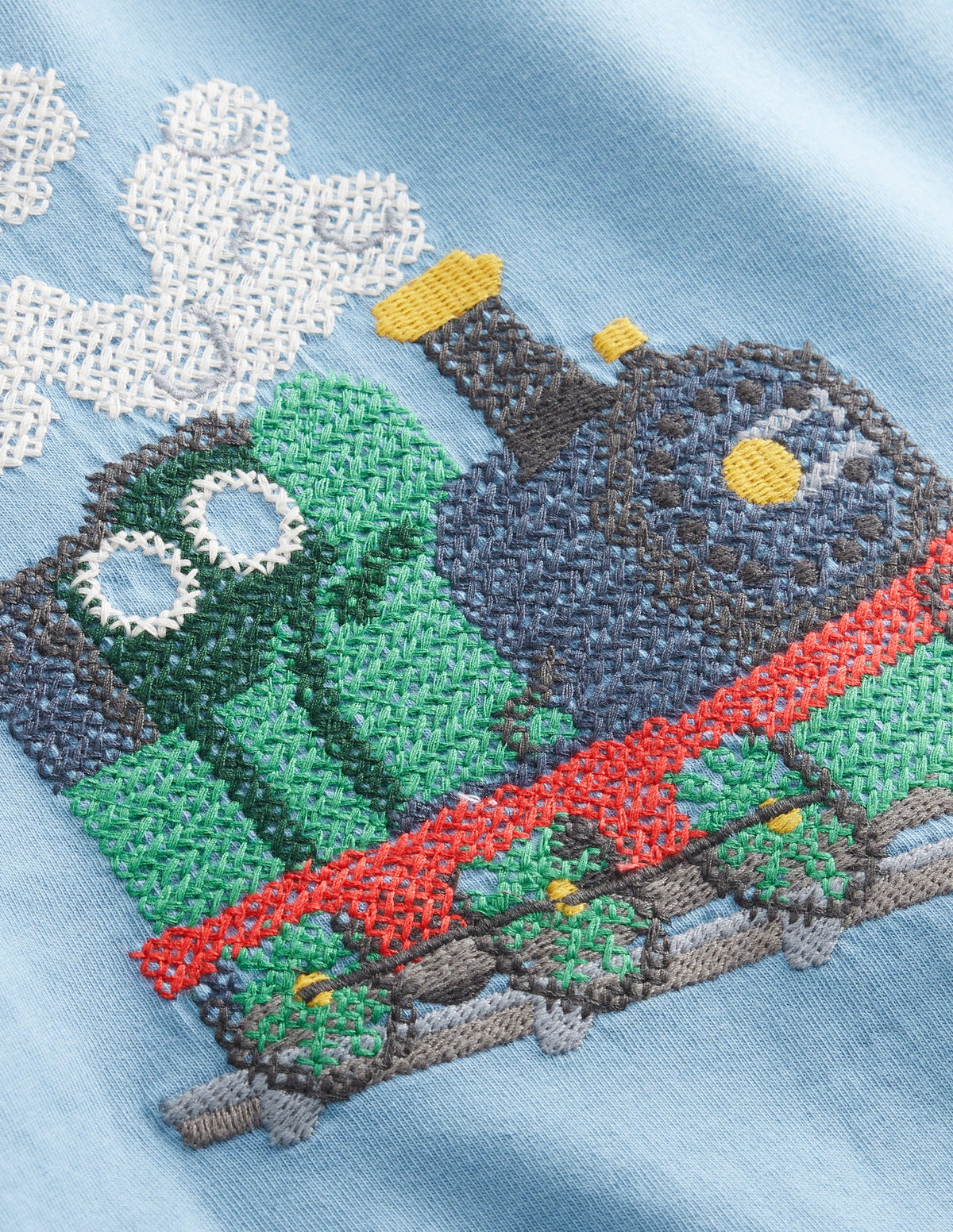 Cross-Stitch Cotton T-Shirt-Pebble Blue Train - Image 3