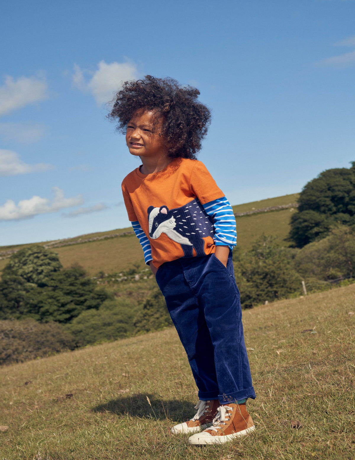 Appliqué Mock Sleeve T-Shirt-Autumn Orange Badger - Image 4