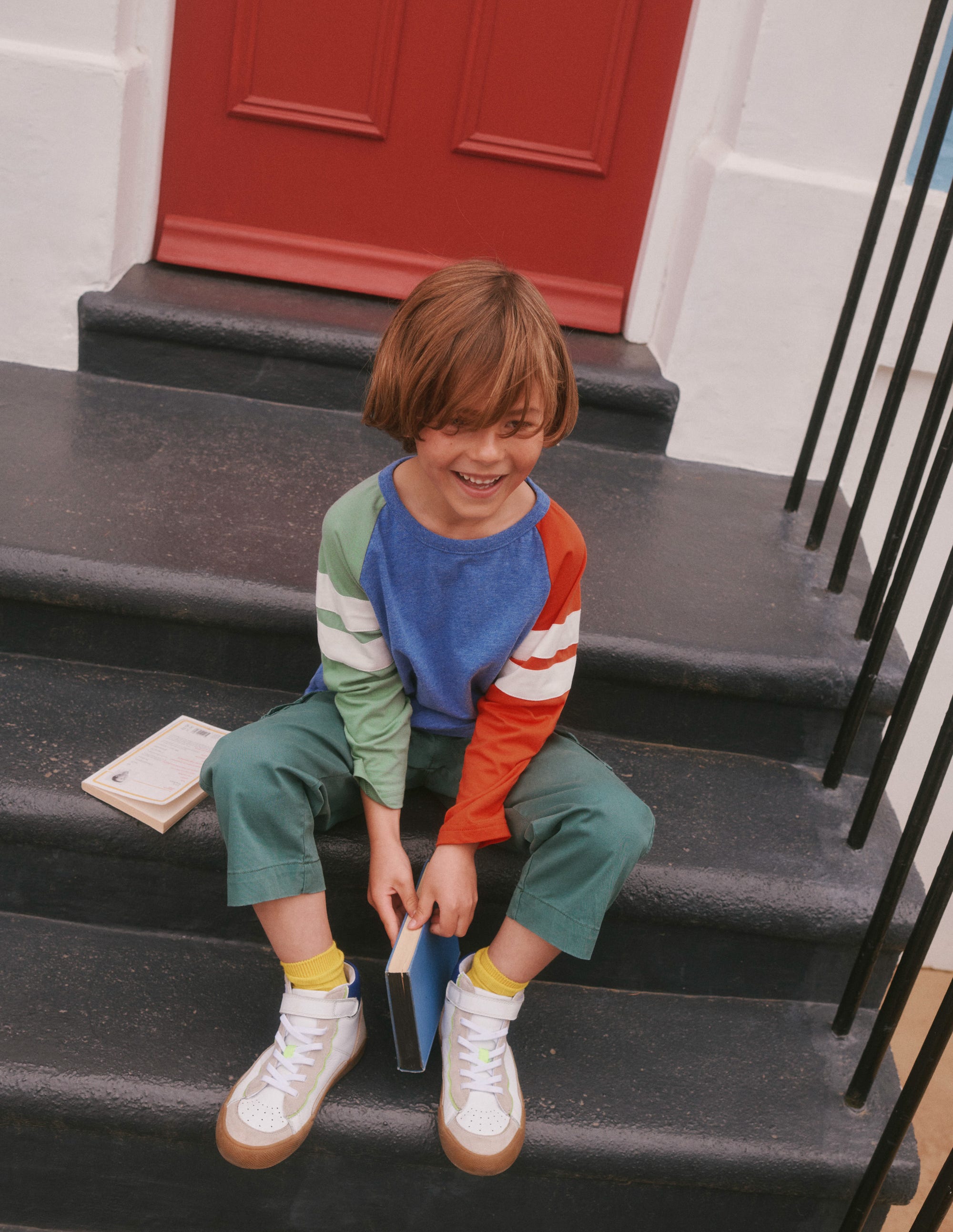 Colourblock Raglan T-shirt-Blue/Green/Orange Marl - Image 4