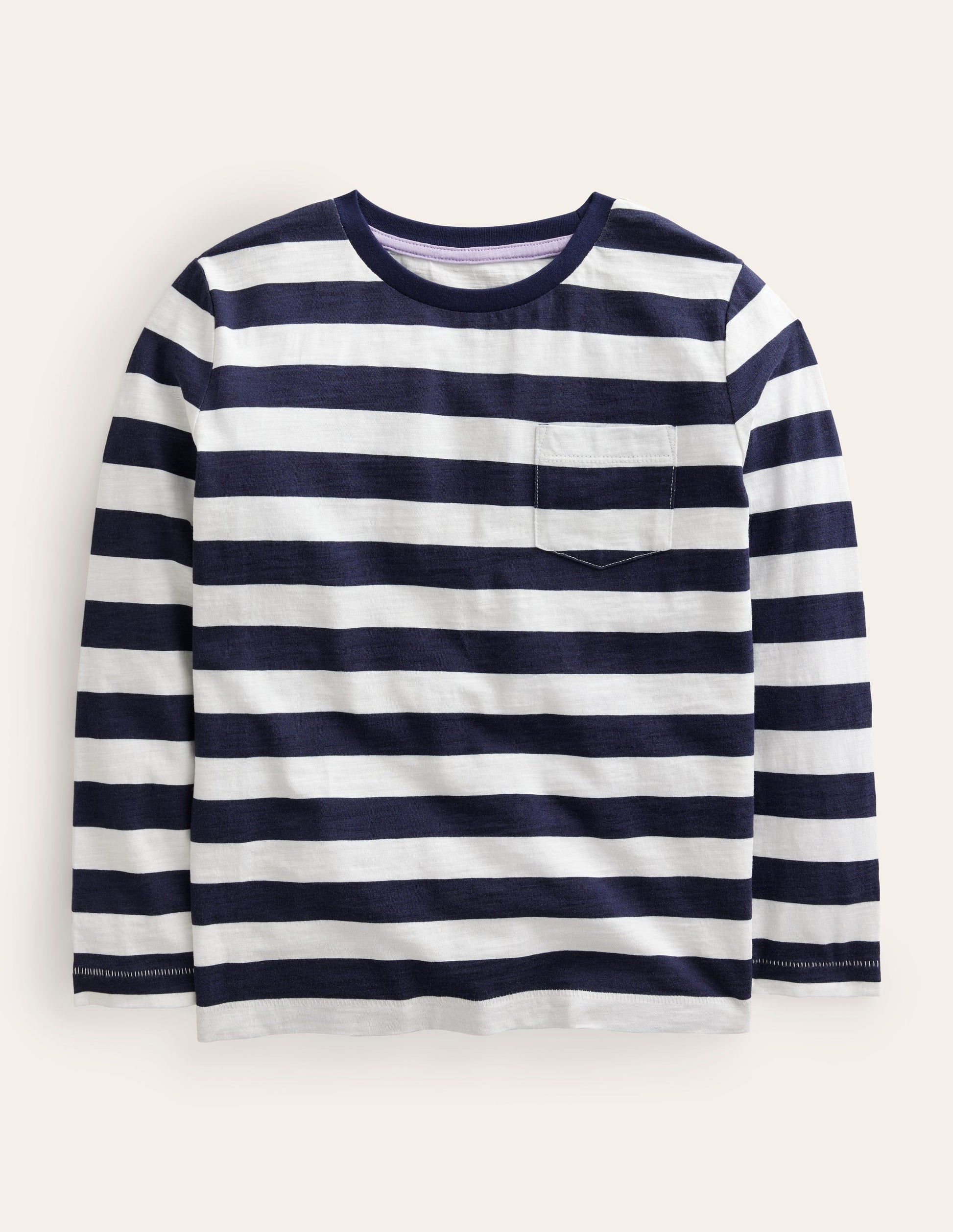 Long-sleeved Washed T-shirt-French Navy/Ivory Stripe-1