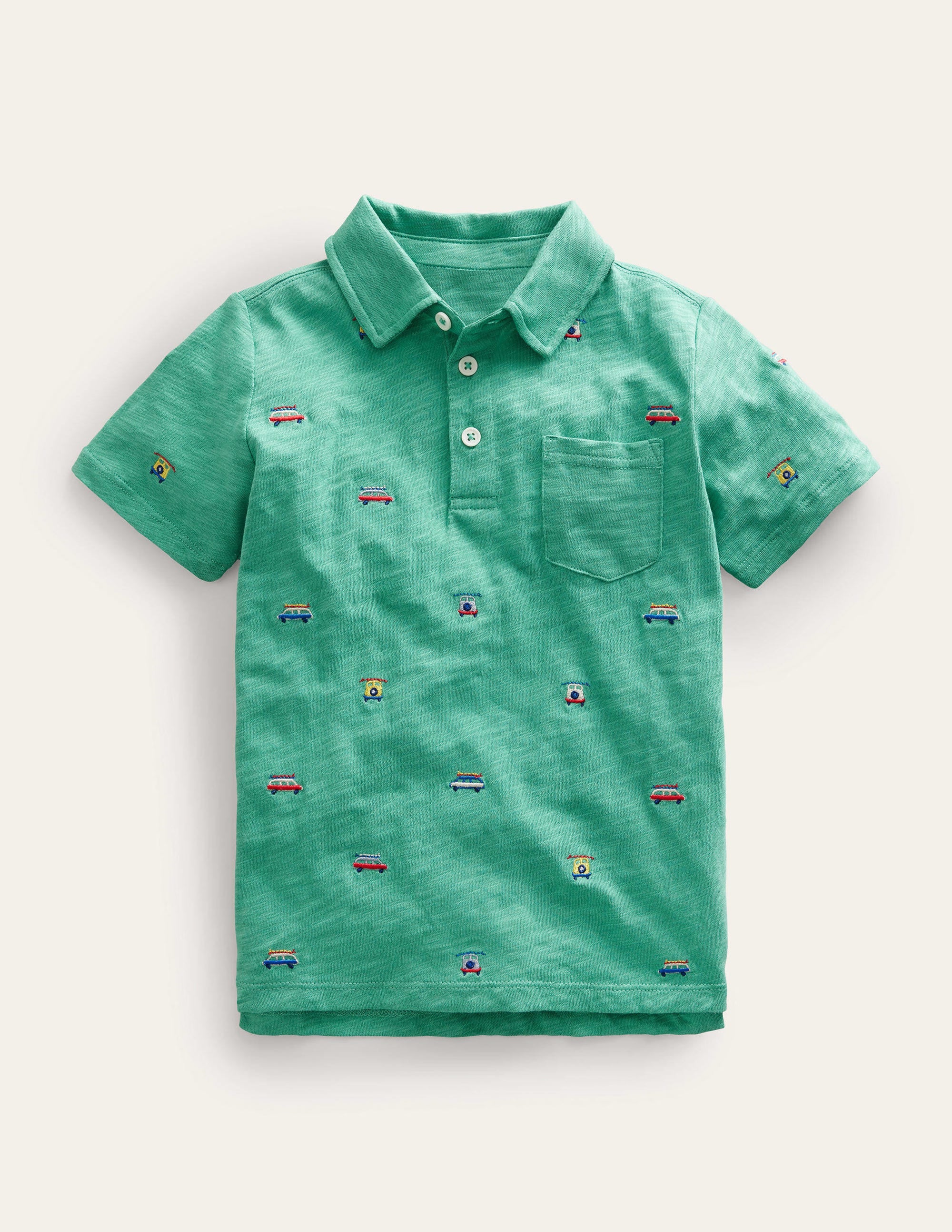Embroidered Slubbed Polo Shirt-Green Cars - Image 1