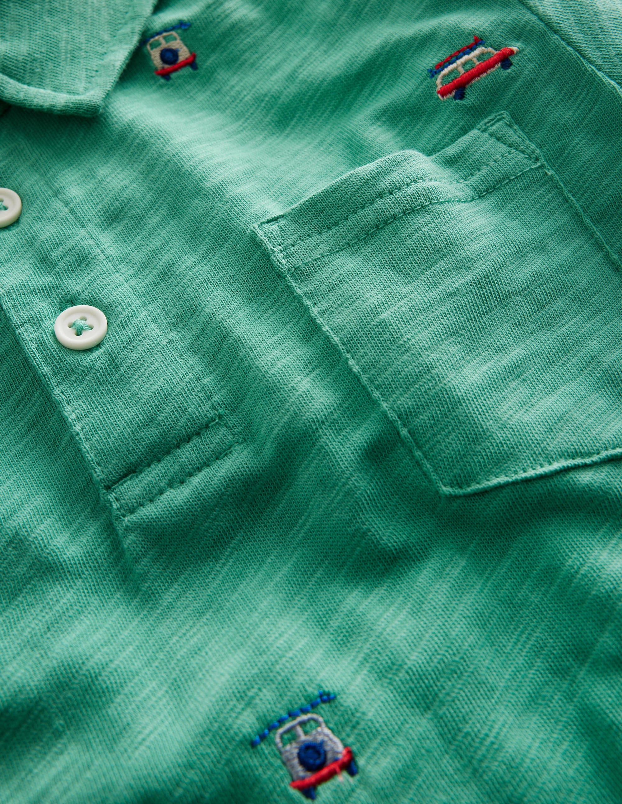 Embroidered Slubbed Polo Shirt-Green Cars - Image 3