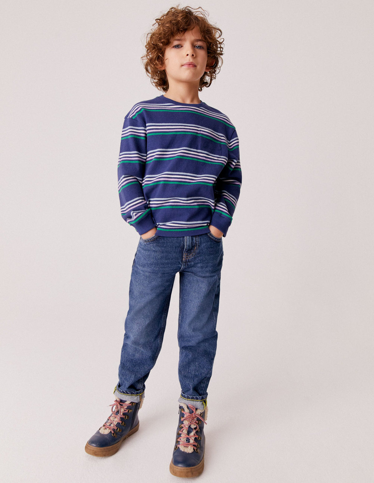 Long Sleeve Textured T-shirt-Navy/Buttercup/Green - Image 5