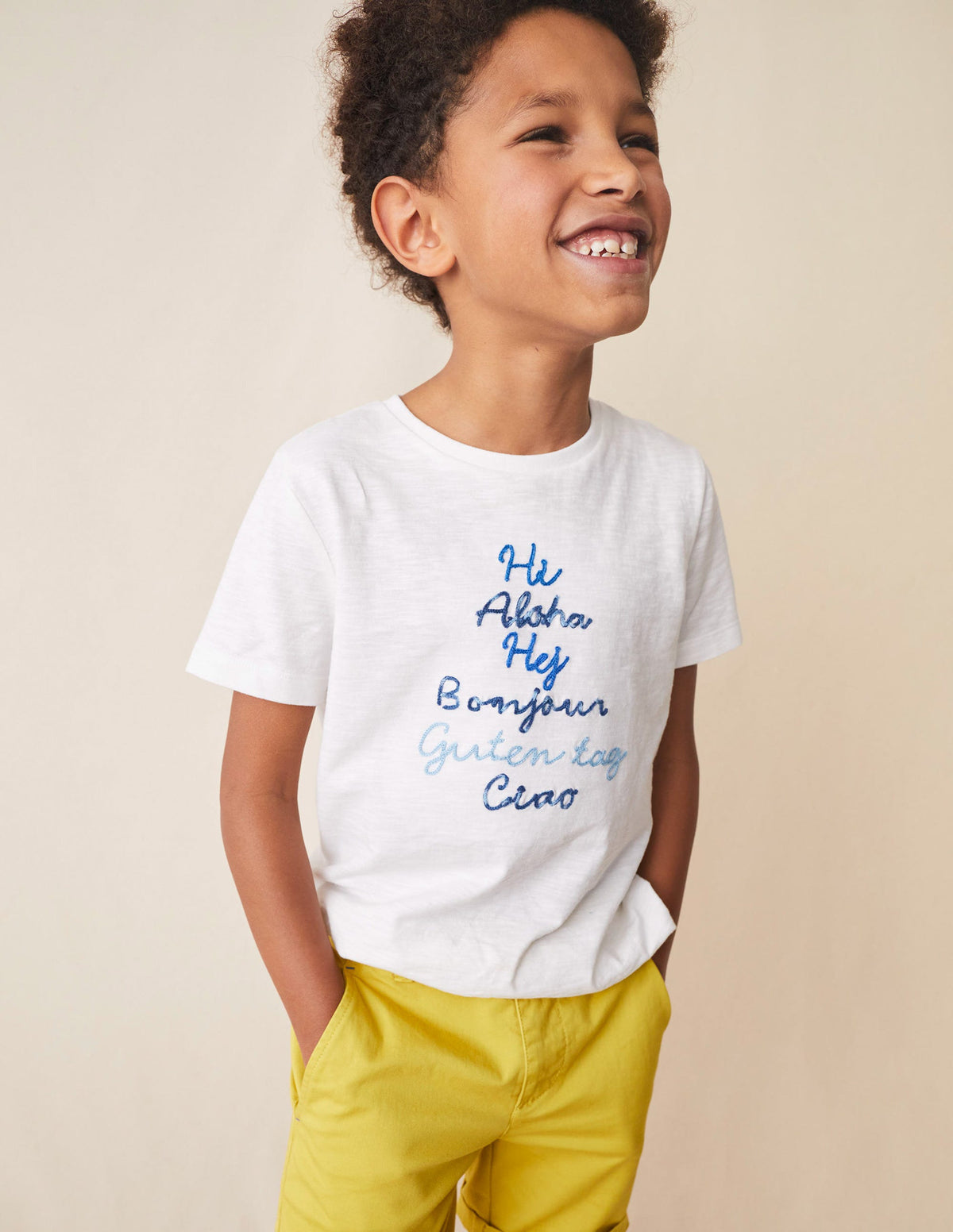 Chain Stitch Slogan T-shirt-Ivory White Hello-4