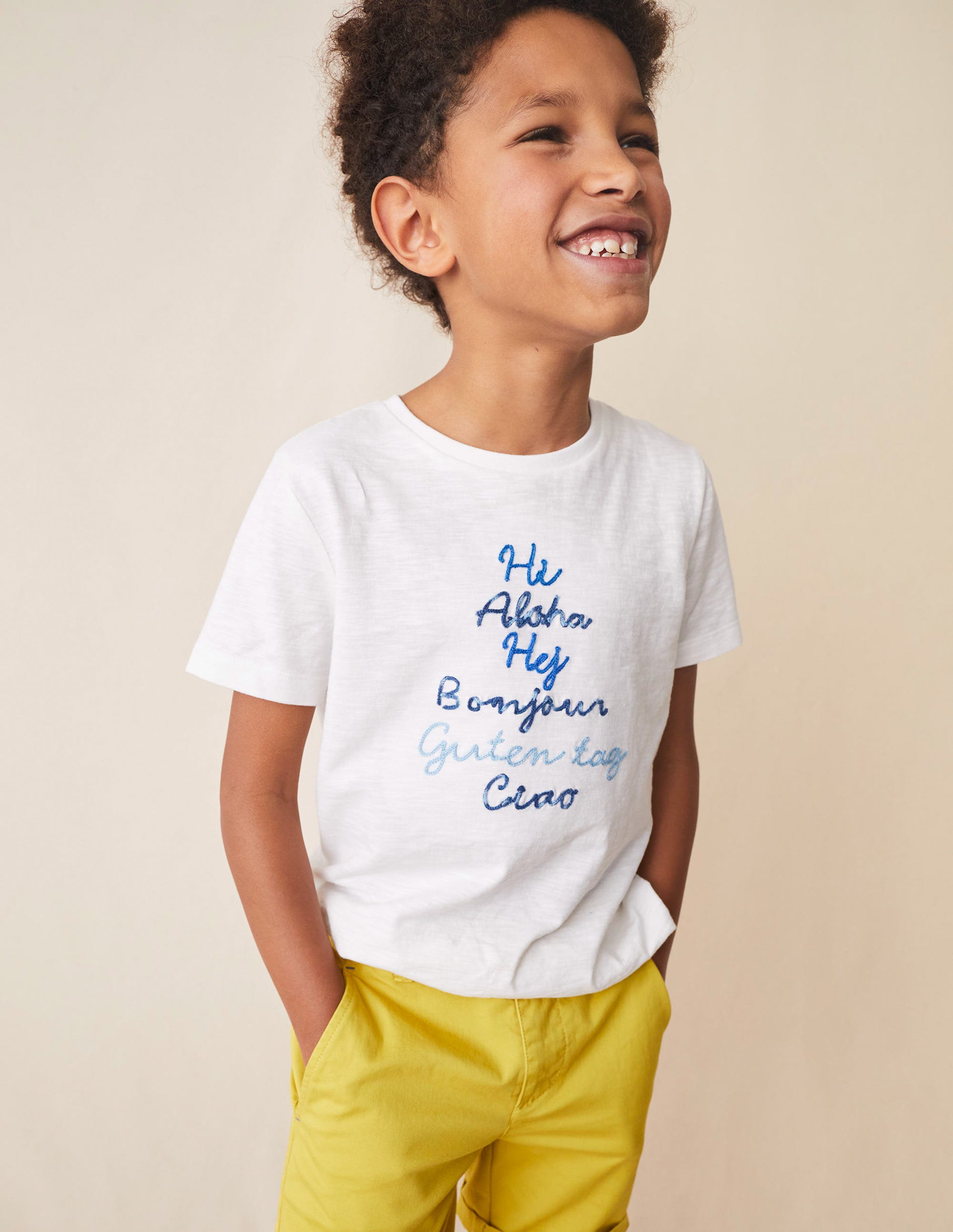 Chain Stitch Slogan T-shirt-Ivory White Hello - Image 4