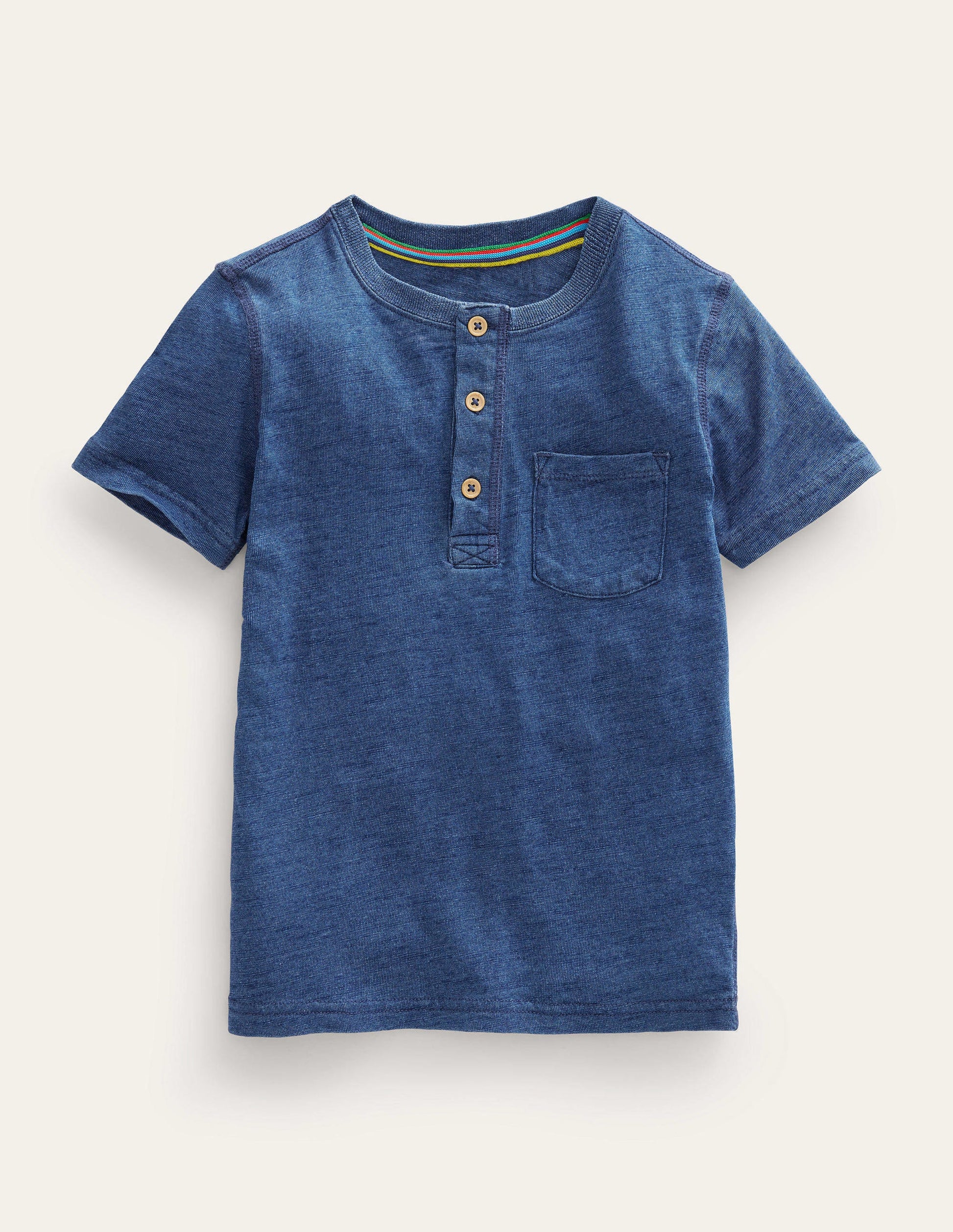 Washed Cotton Henley T-shirt-Indigo Blue-1