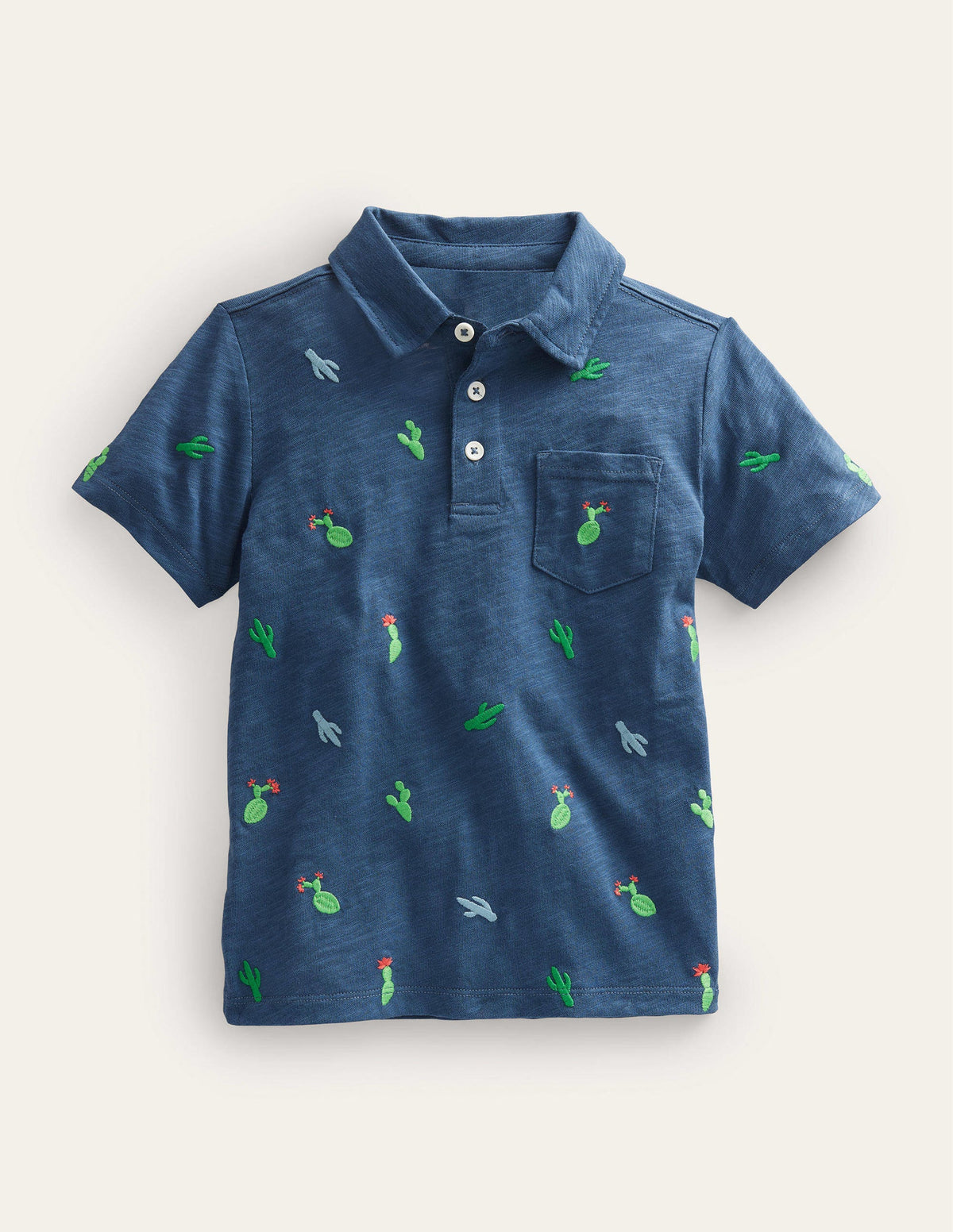Embroidered Slubbed Polo Shirt-Robot Blue Cactus-1