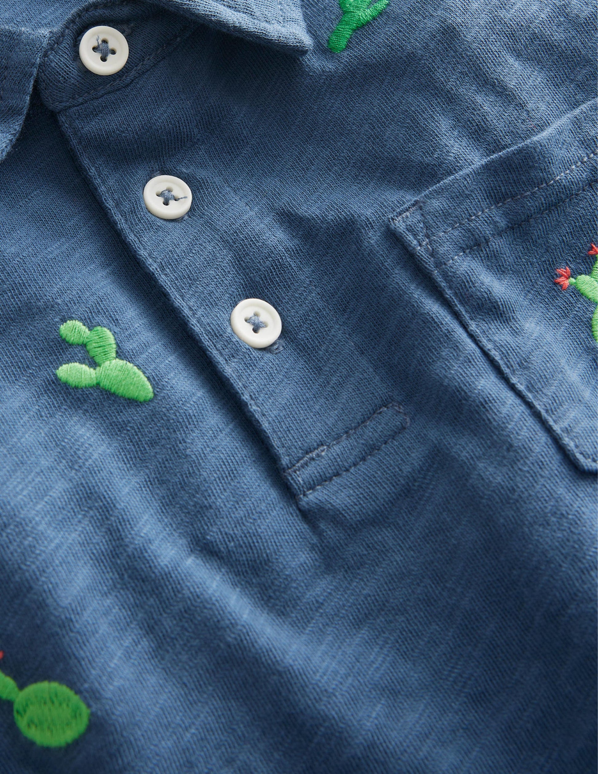 Embroidered Slubbed Polo Shirt-Robot Blue Cactus-3