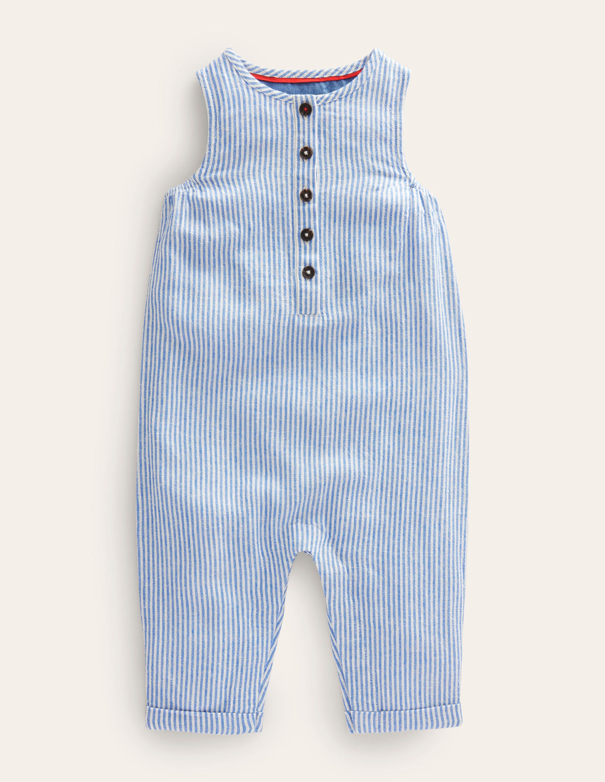 Woven Ticking Romper-Penzance Blue/Ivory Ticking - Image 1
