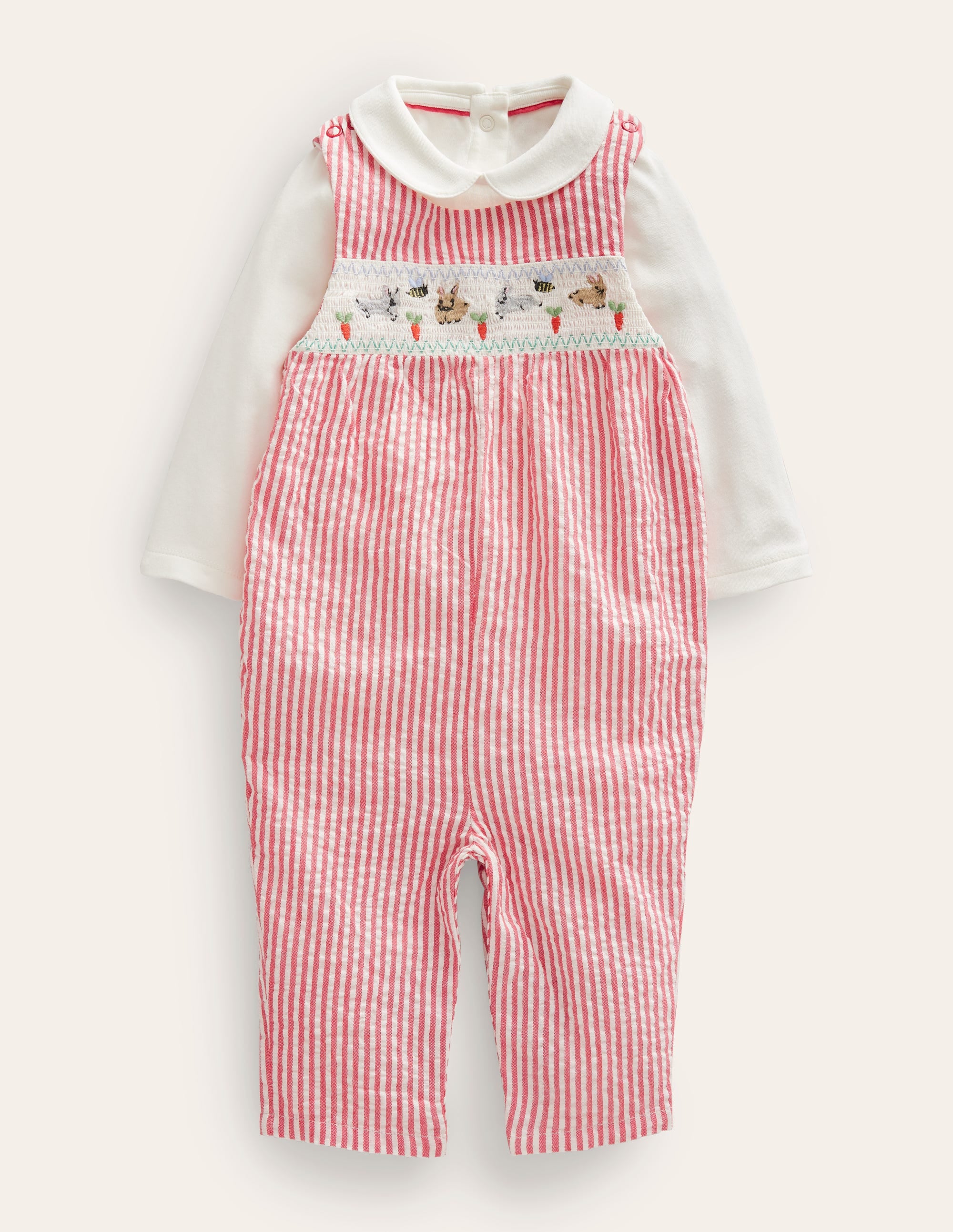 Smocked Dungaree Set-Jam / Ivory Ticking - Image 1